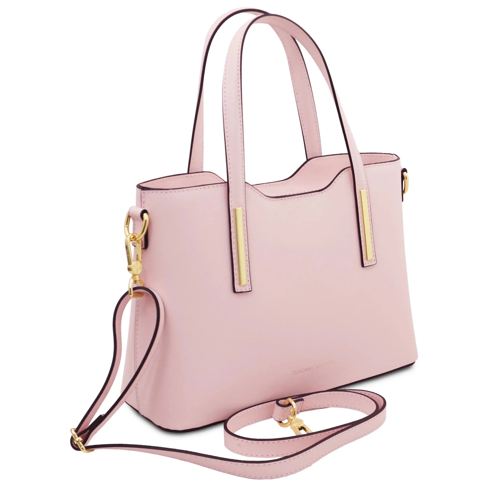 Front Angled View Olimpia Leather Tote in Ballet Pink Small Size showing handle and shoulder strap