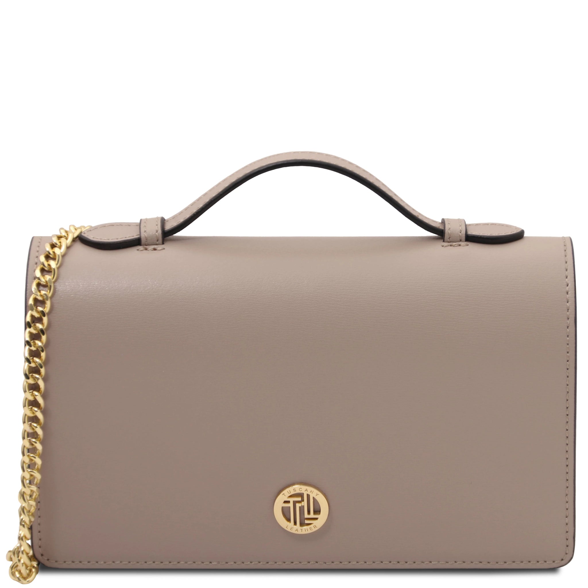 Front view Opera Leather Clutch With Chain Strap in light taupe