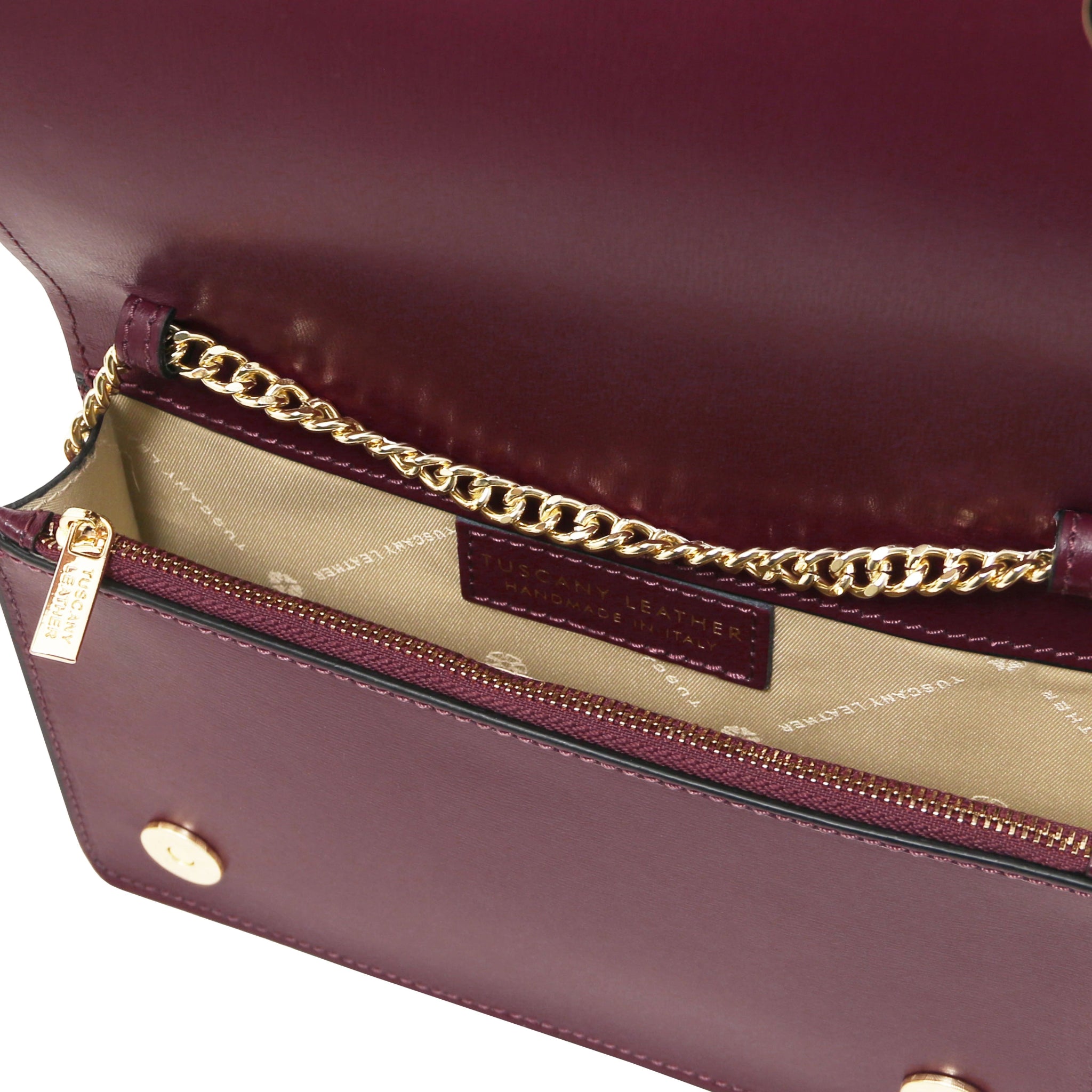 Interior beige lining view Opera Leather Clutch With Chain Strap in bordeaux