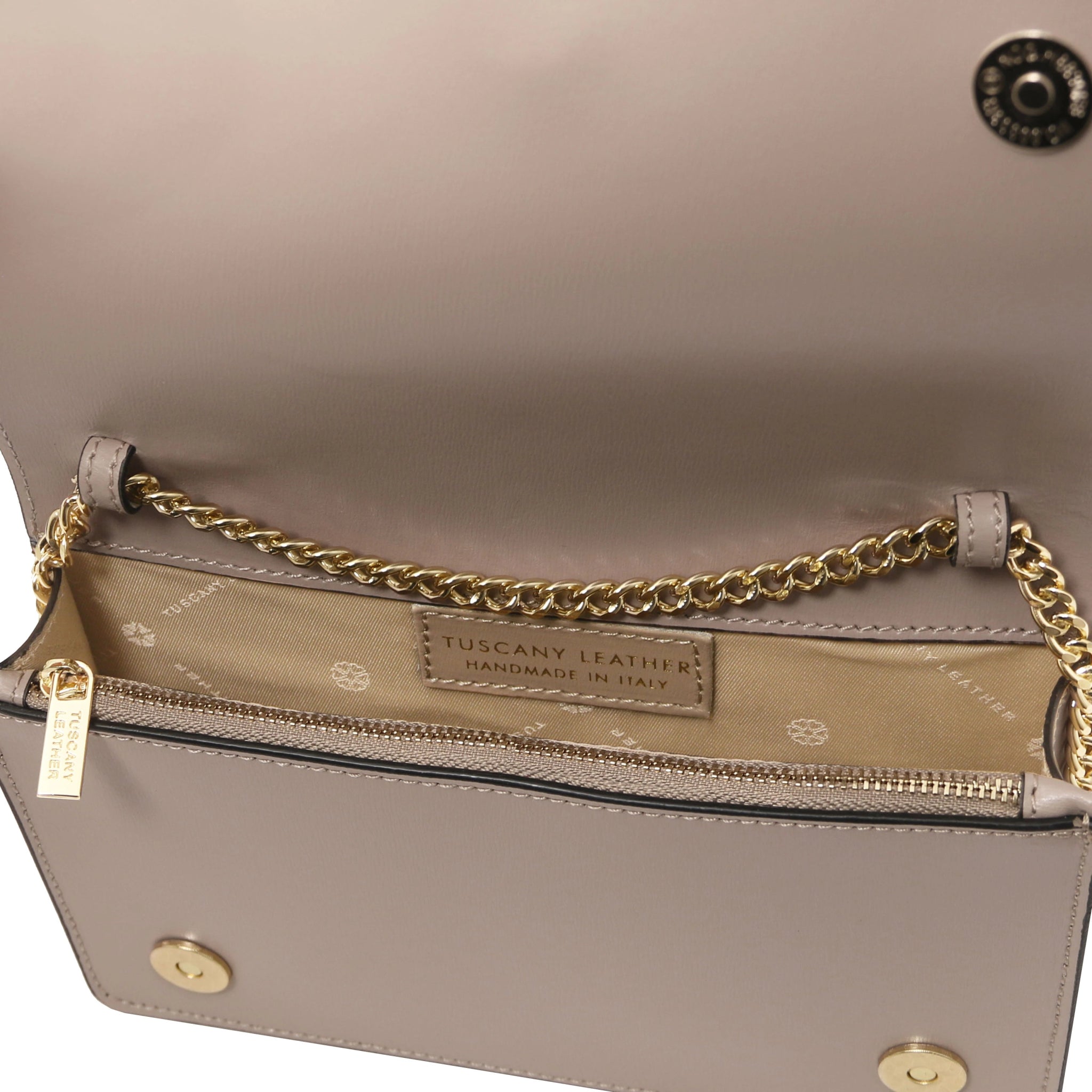 Interior beige lining view Opera Leather Clutch With Chain Strap in light taupe