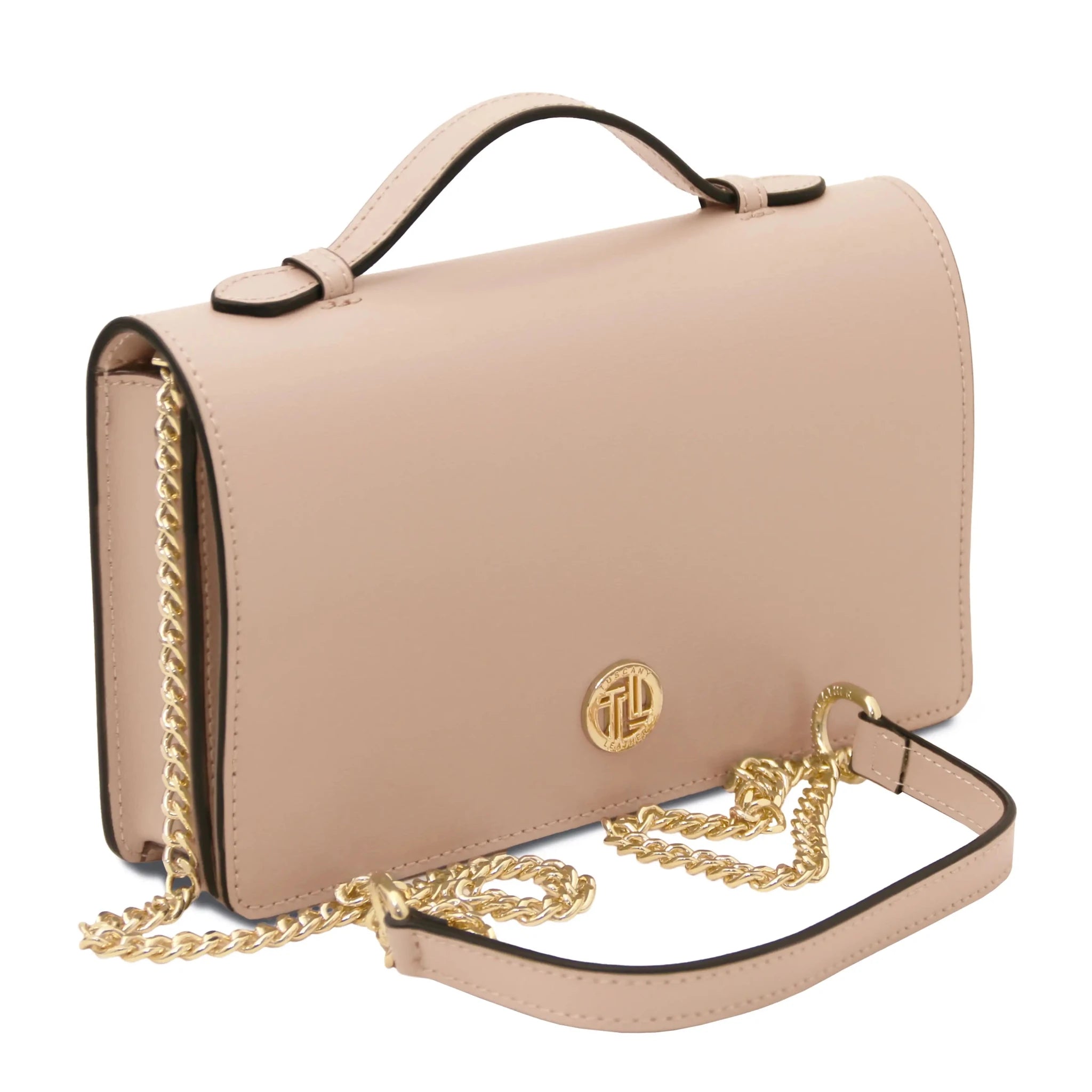 Front view Opera Leather Clutch With Chain Strap in nude on a white ibackground