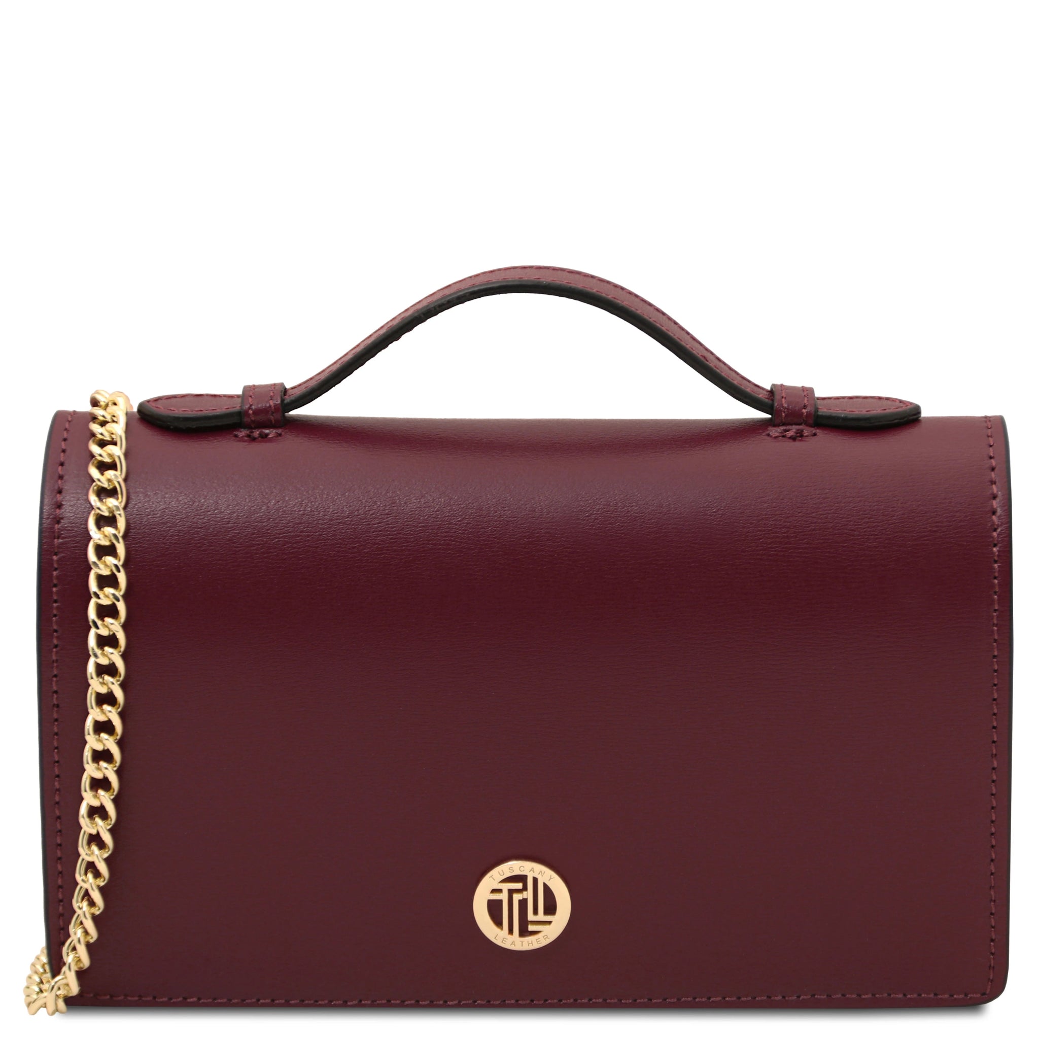 Front view Opera Leather Clutch With Chain Strap in bordeaux