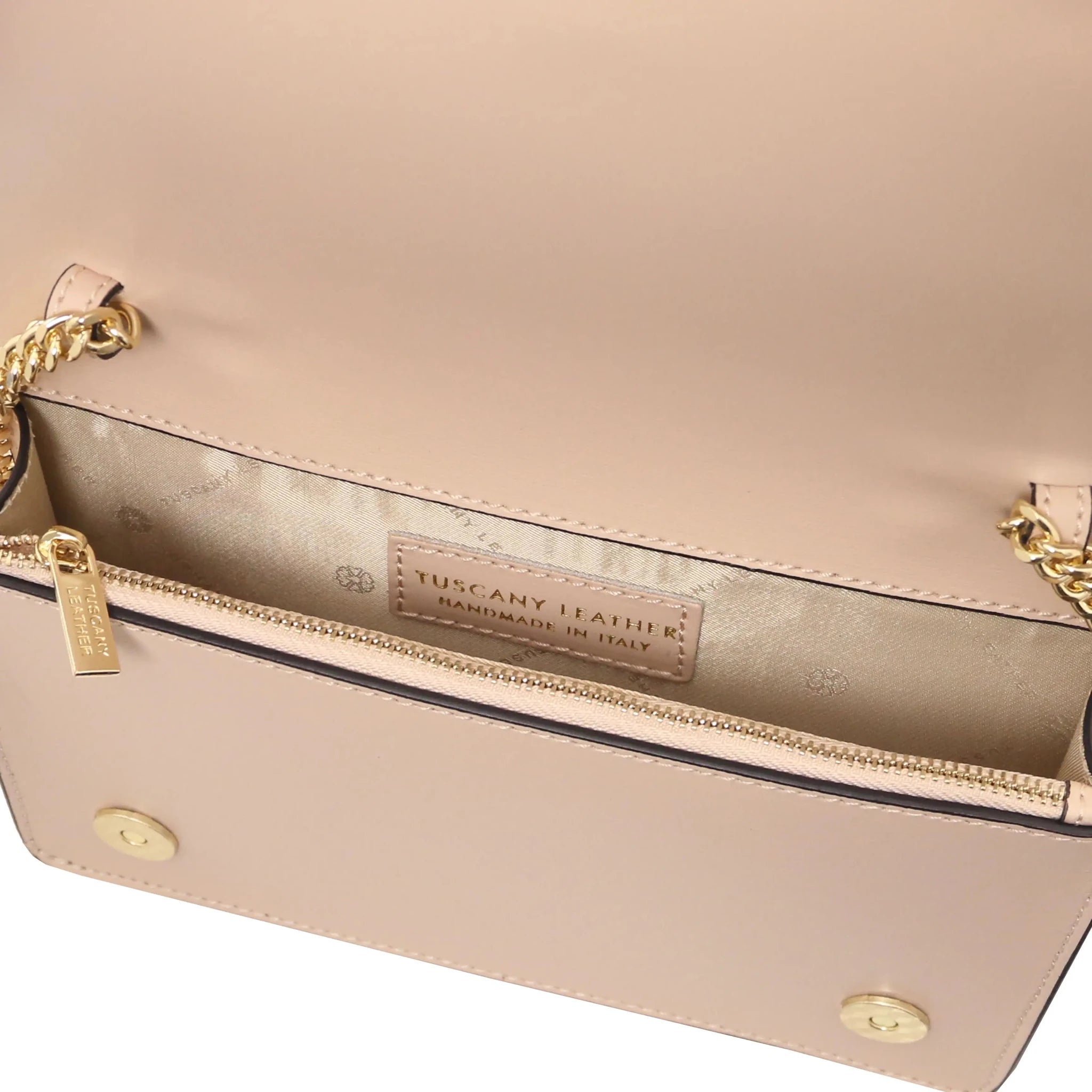 Interior beige lining view Opera Leather Clutch With Chain Strap in white