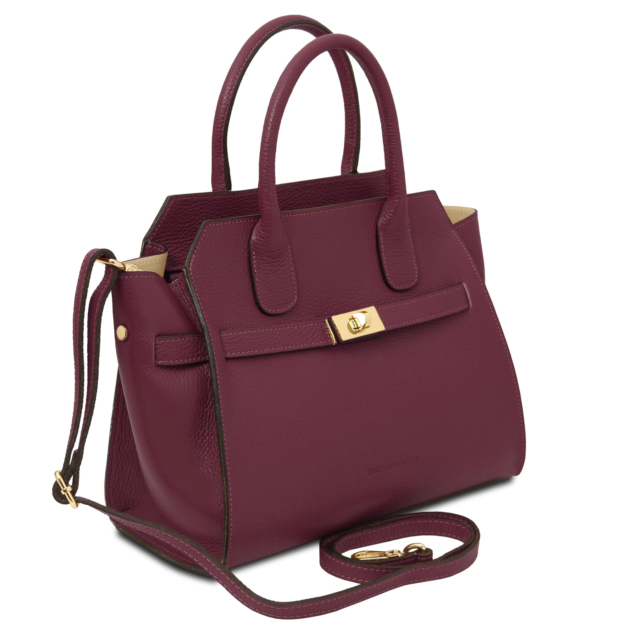 Front view Origami Italian Pebbled Leather Tote in bordeaux with shoulder strap