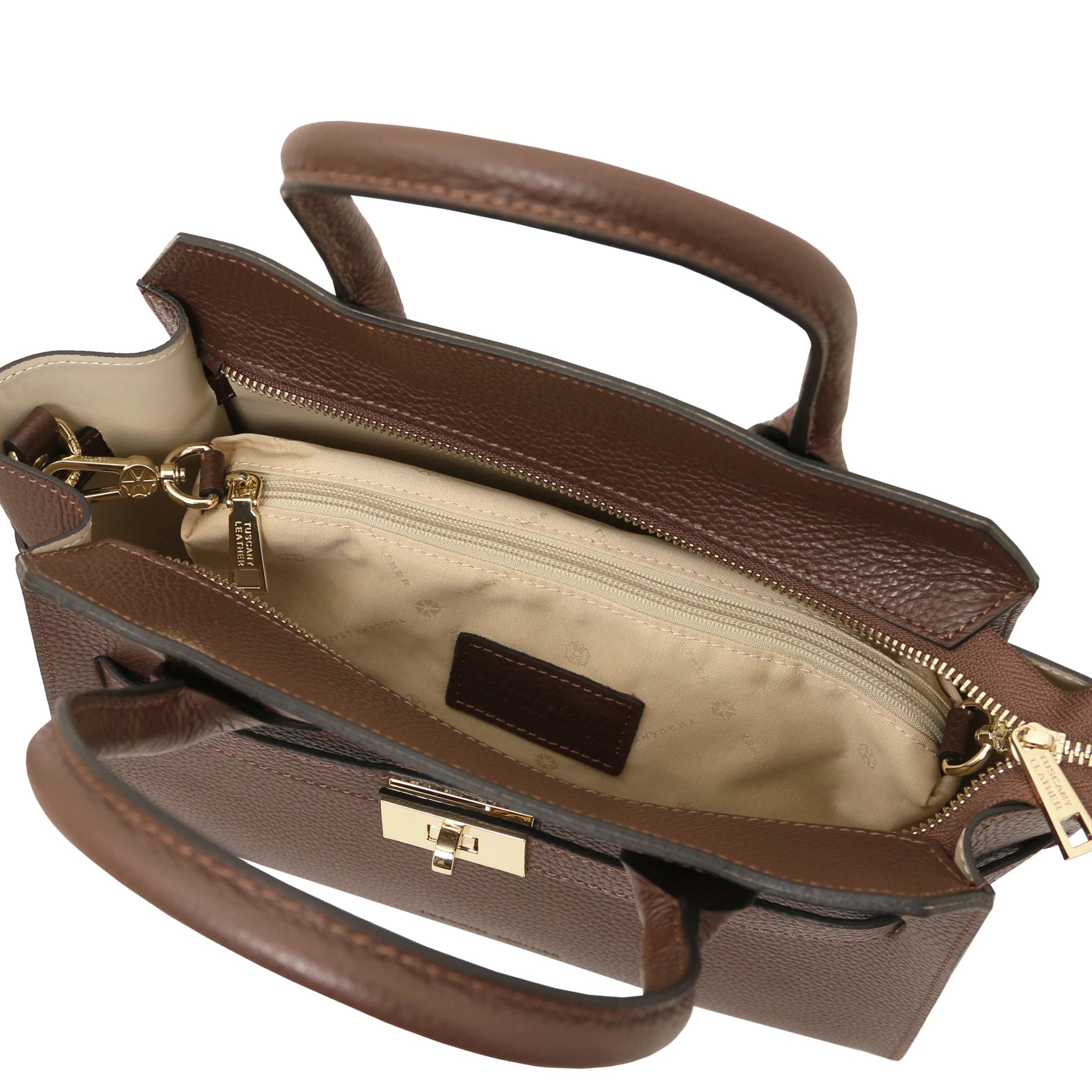 Interior compartment view Origami Italian Pebbled Leather Tote in coffee with beige lining