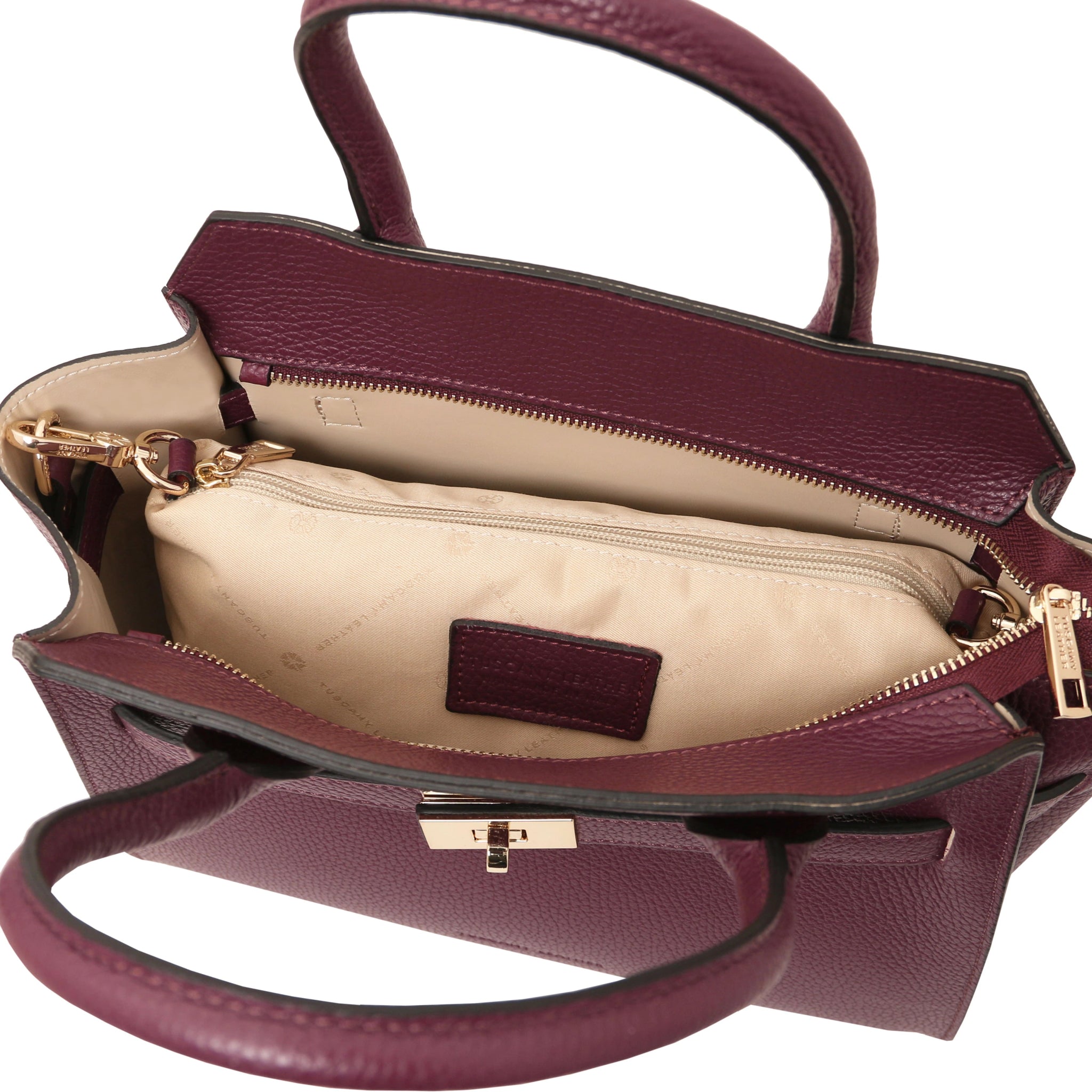 Interior compartment view Origami Italian Pebbled Leather Tote in Bordeaux with beige lining