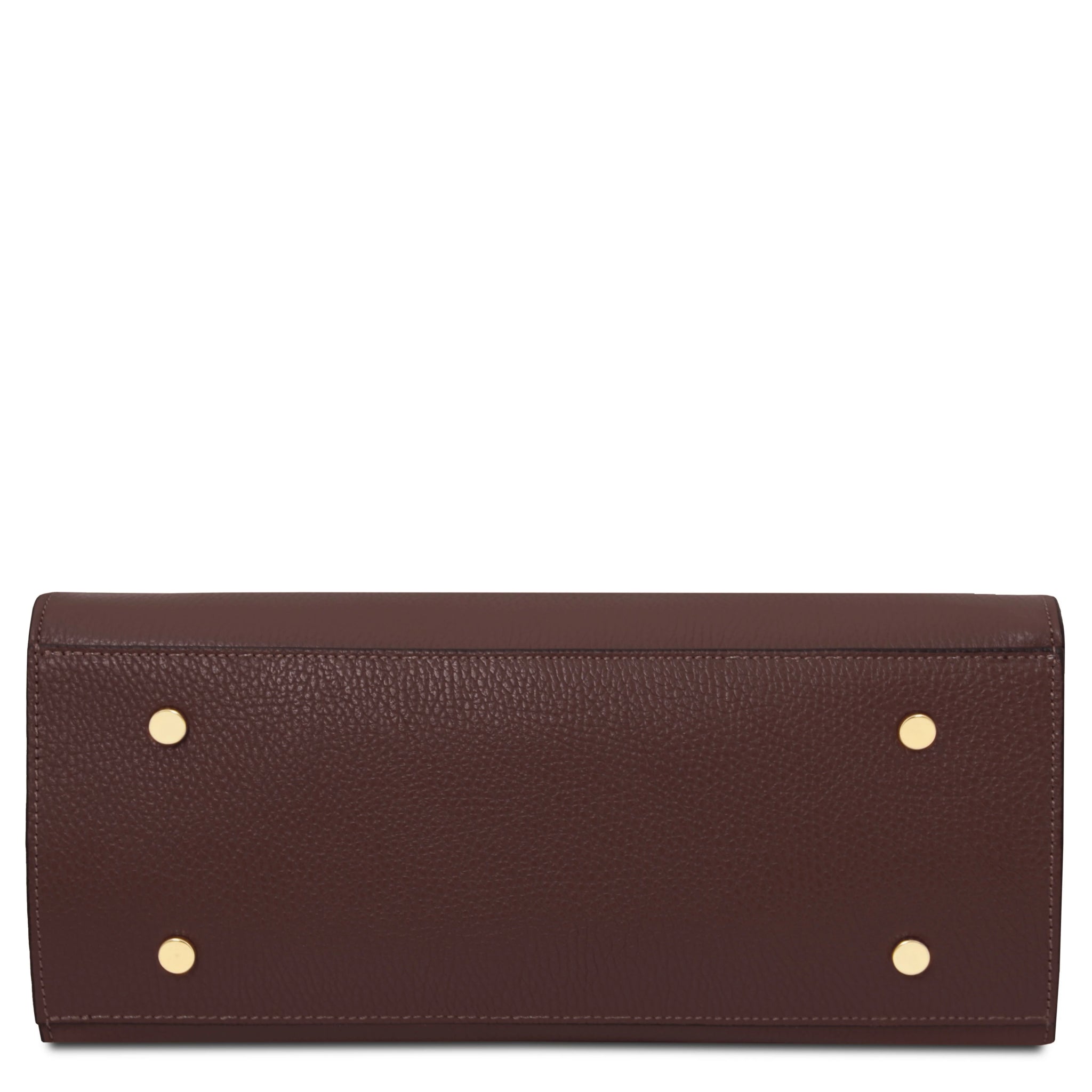 Bottom view Origami Italian Pebbled Leather Tote in coffee with four protective feet