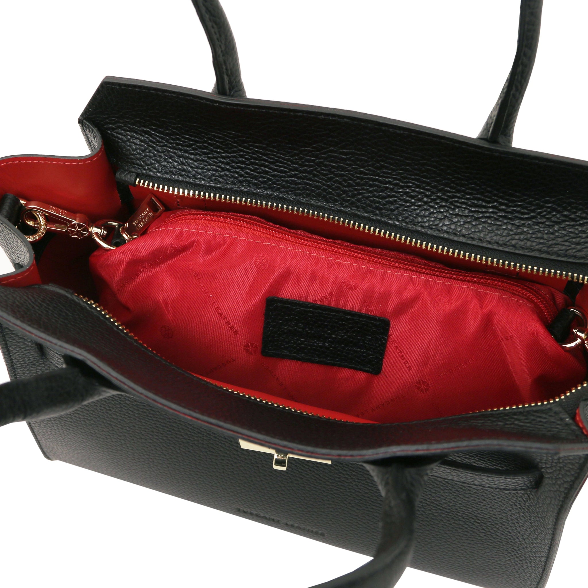 Interior zip pocket view Origami Italian Pebbled Leather Tote in black with red lining