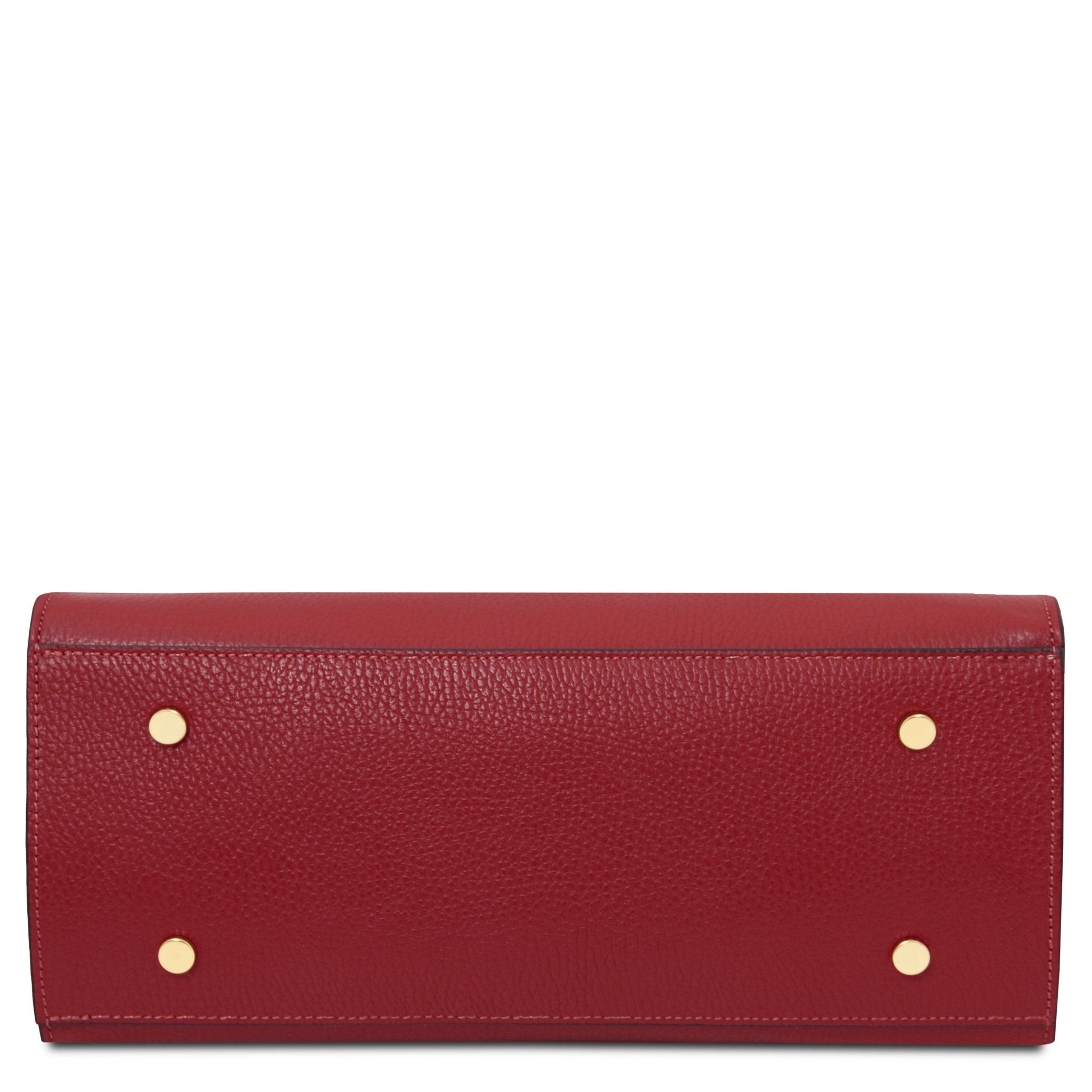 Bottom view Origami Italian Pebbled Leather Tote in red with four protective feet