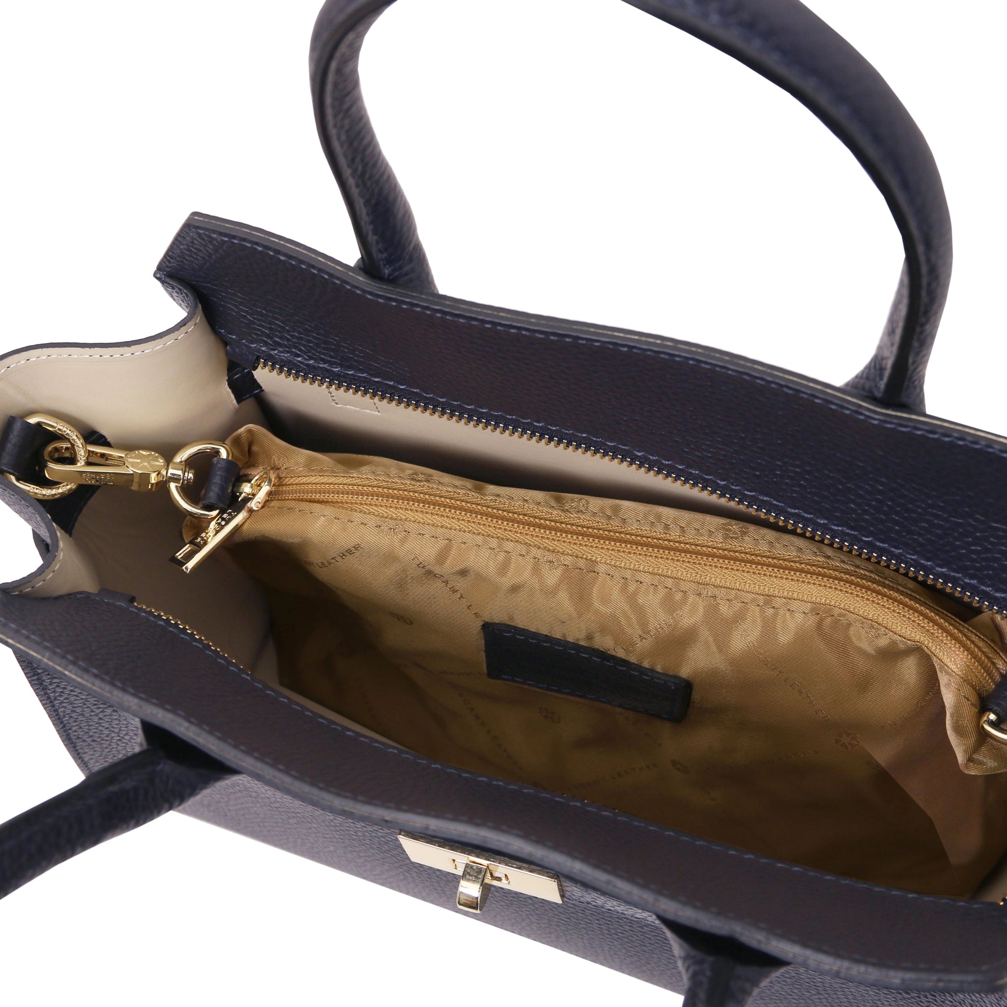 Interior open pocket view Origami Italian Pebbled Leather Tote in dark blue with beige lining
