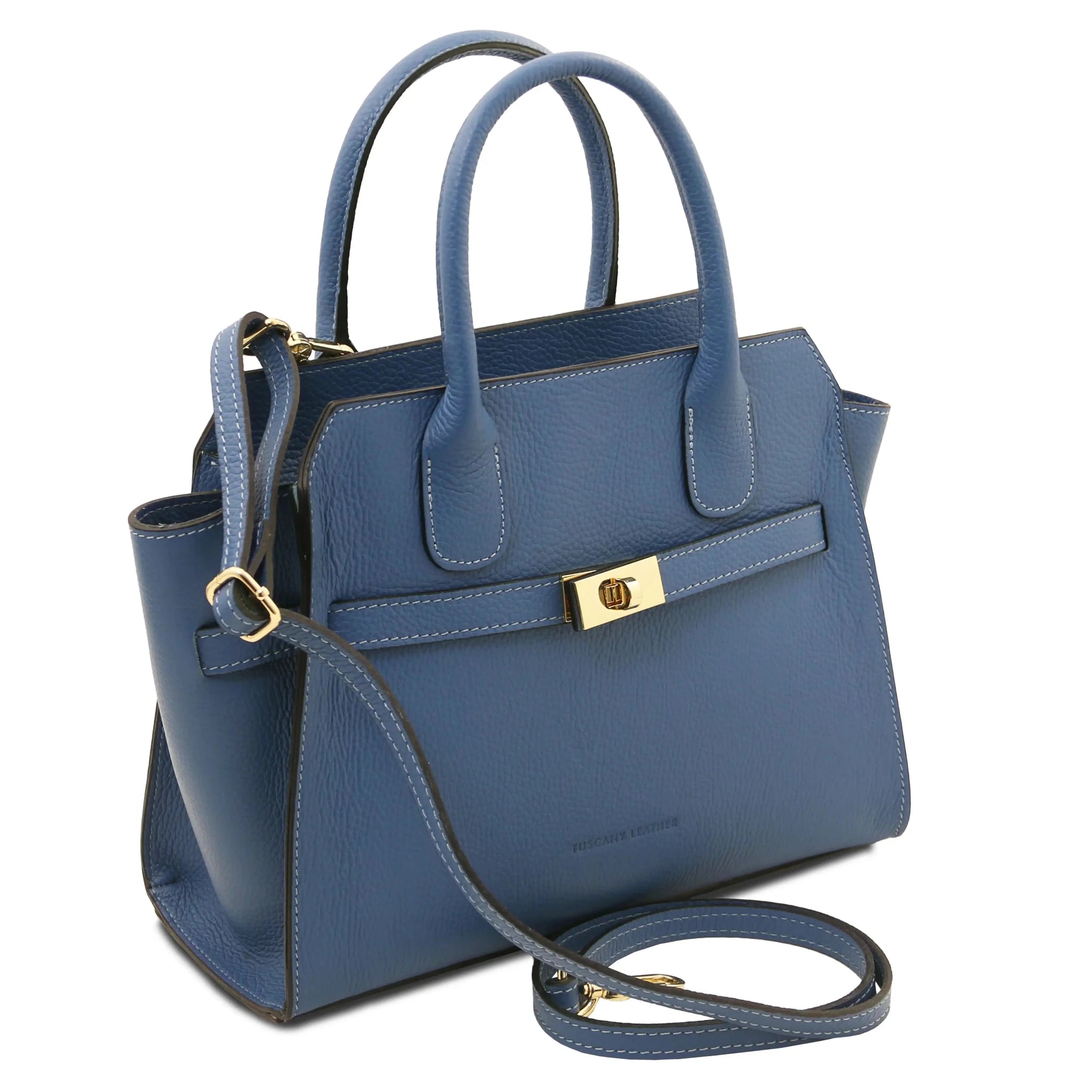 Front side view Origami Italian Pebbled Leather Tote in denim with shoulder strap