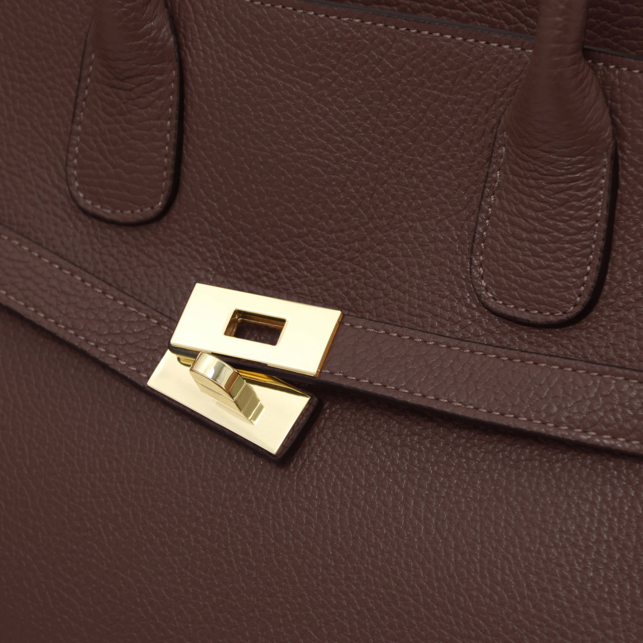 Close up Origami Italian Pebbled coffee front gold twist lock