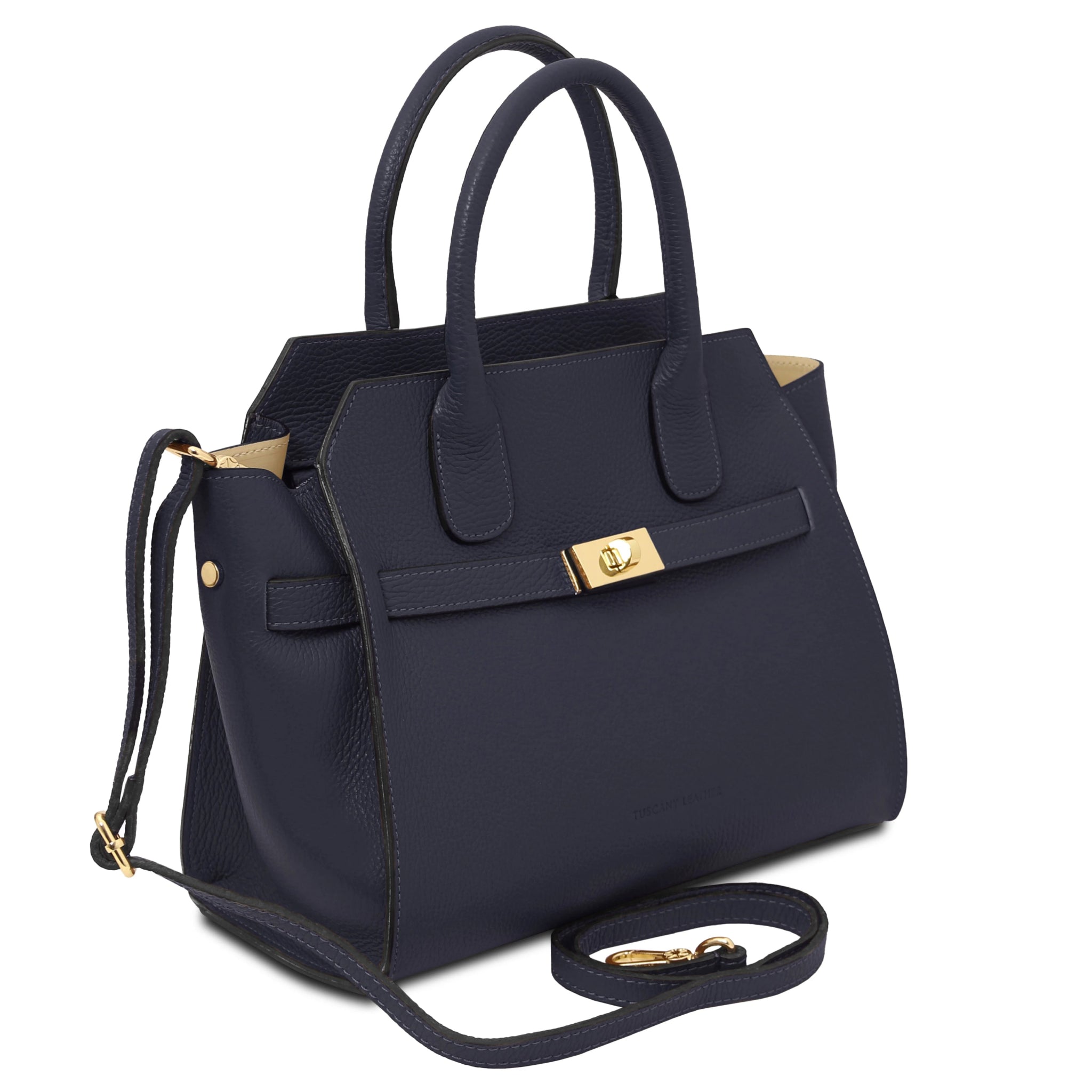 Front side view Origami Italian Pebbled Leather Tote in dark blue with shoulder strap