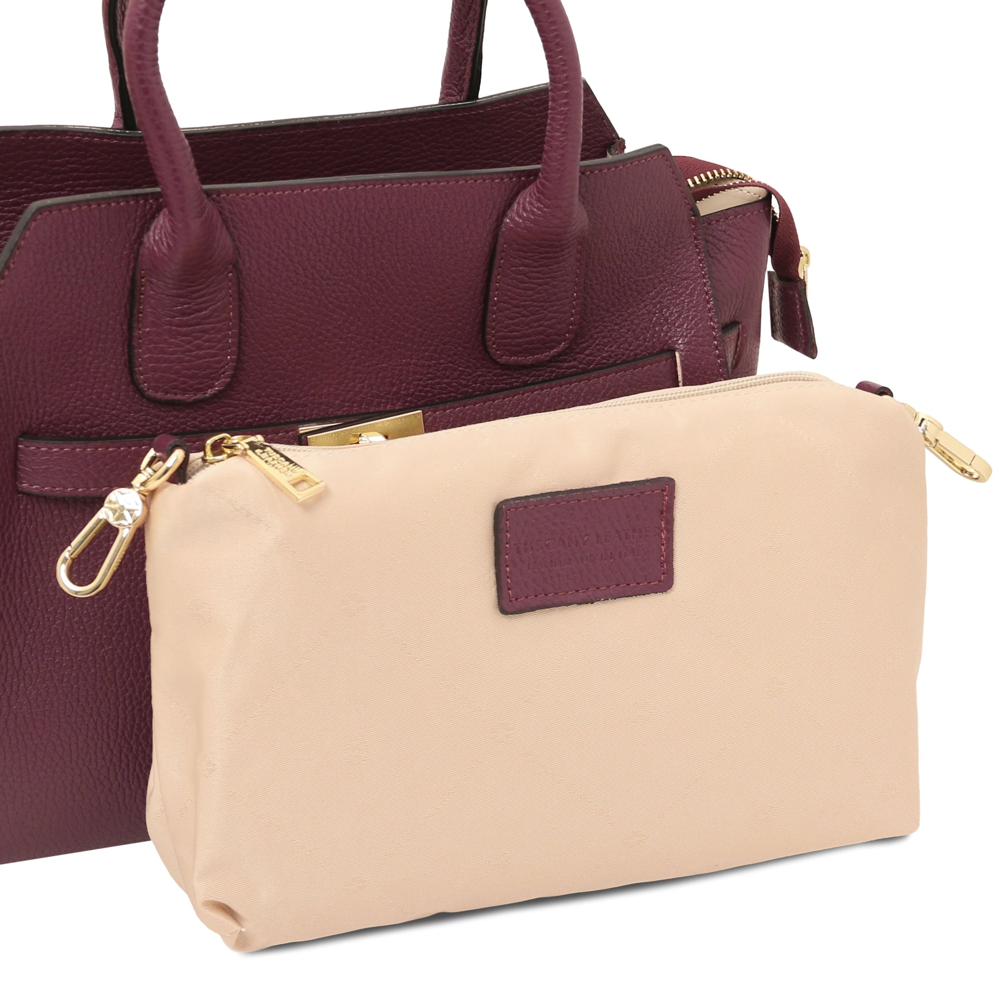 Removable beige inner compartment view Origami Italian Pebbled Leather Tote in bordeaux