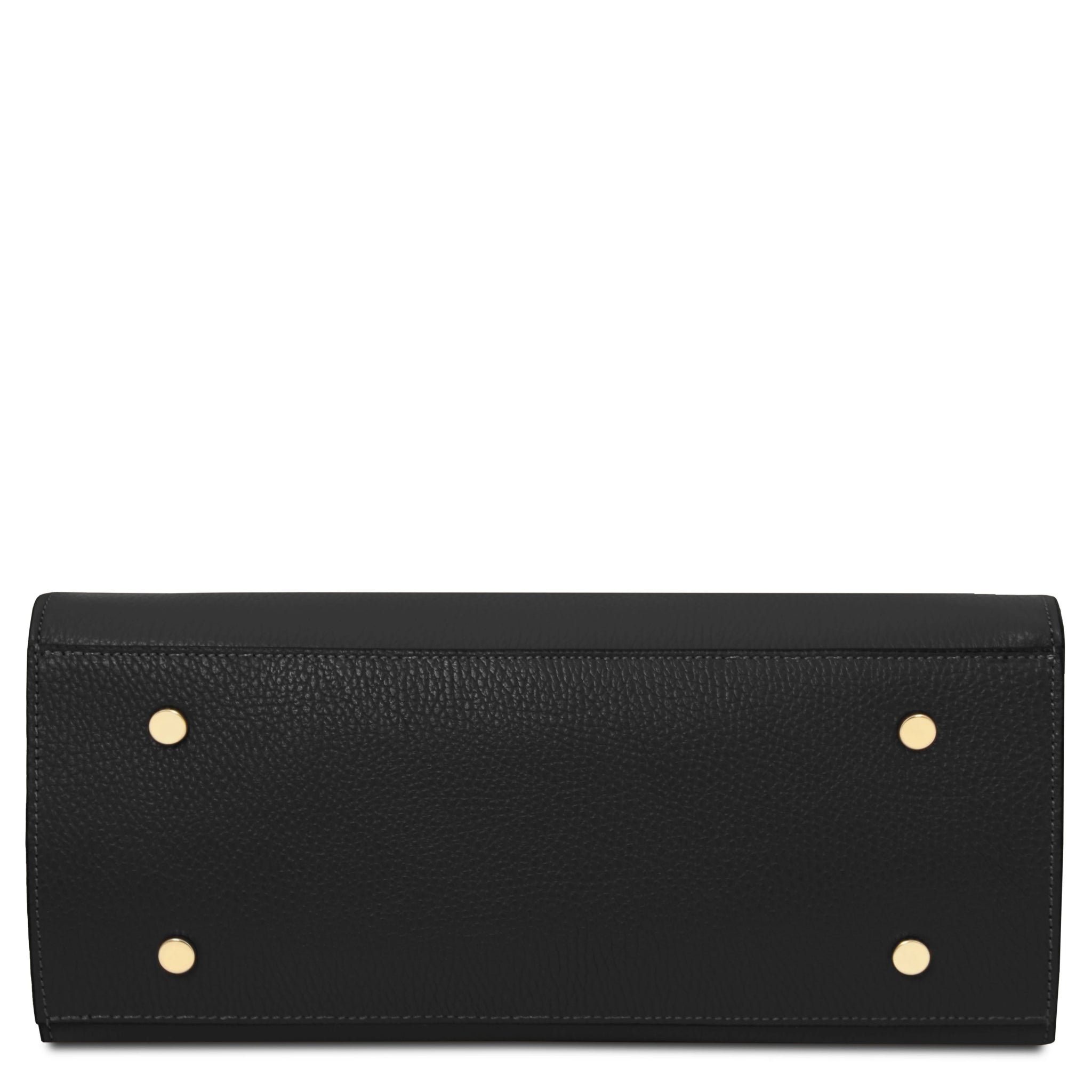 Bottom view Origami Italian Pebbled Leather Tote in black with four protective feet