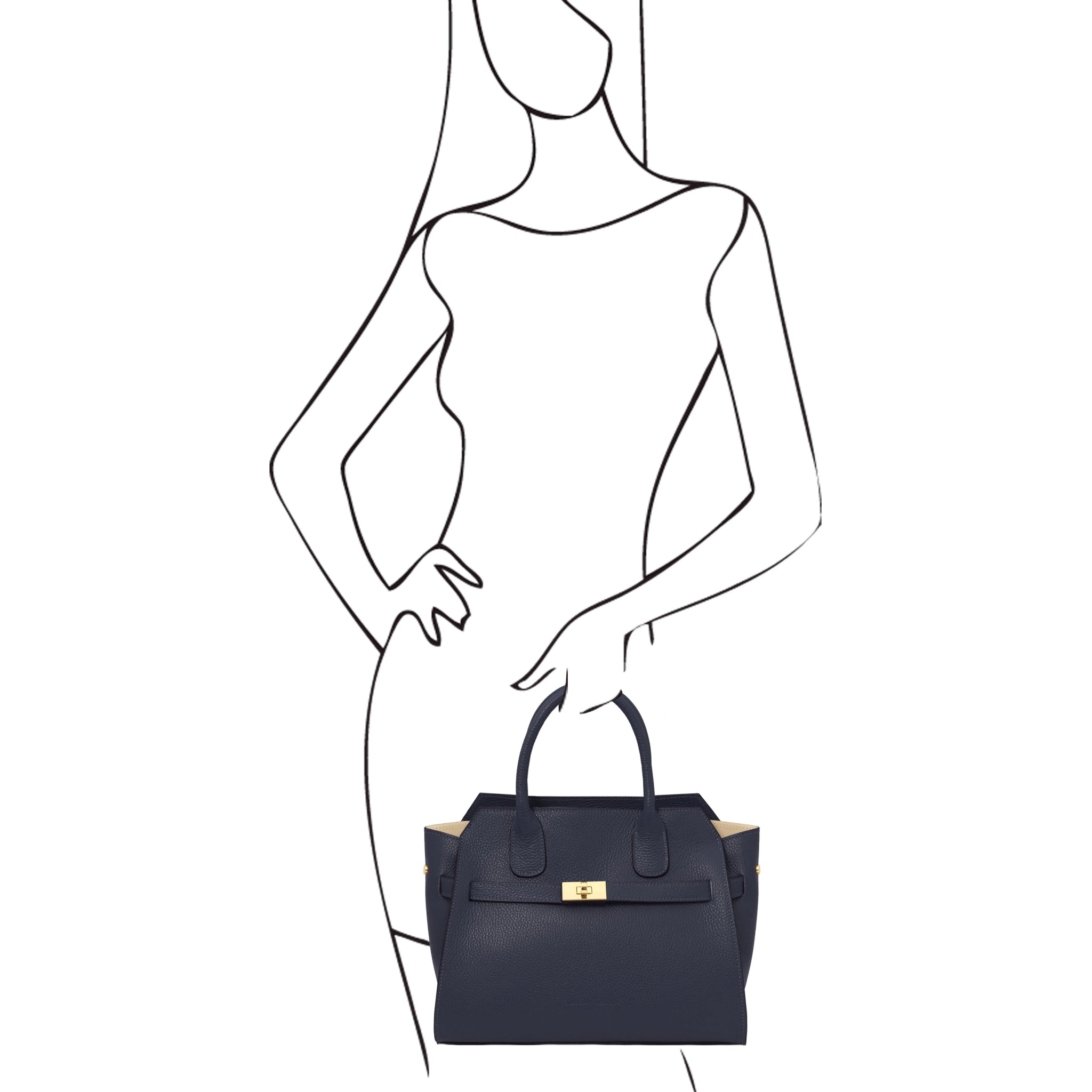 Black sketch of woman holding Origami Italian Pebbled Leather Tote in dark blue