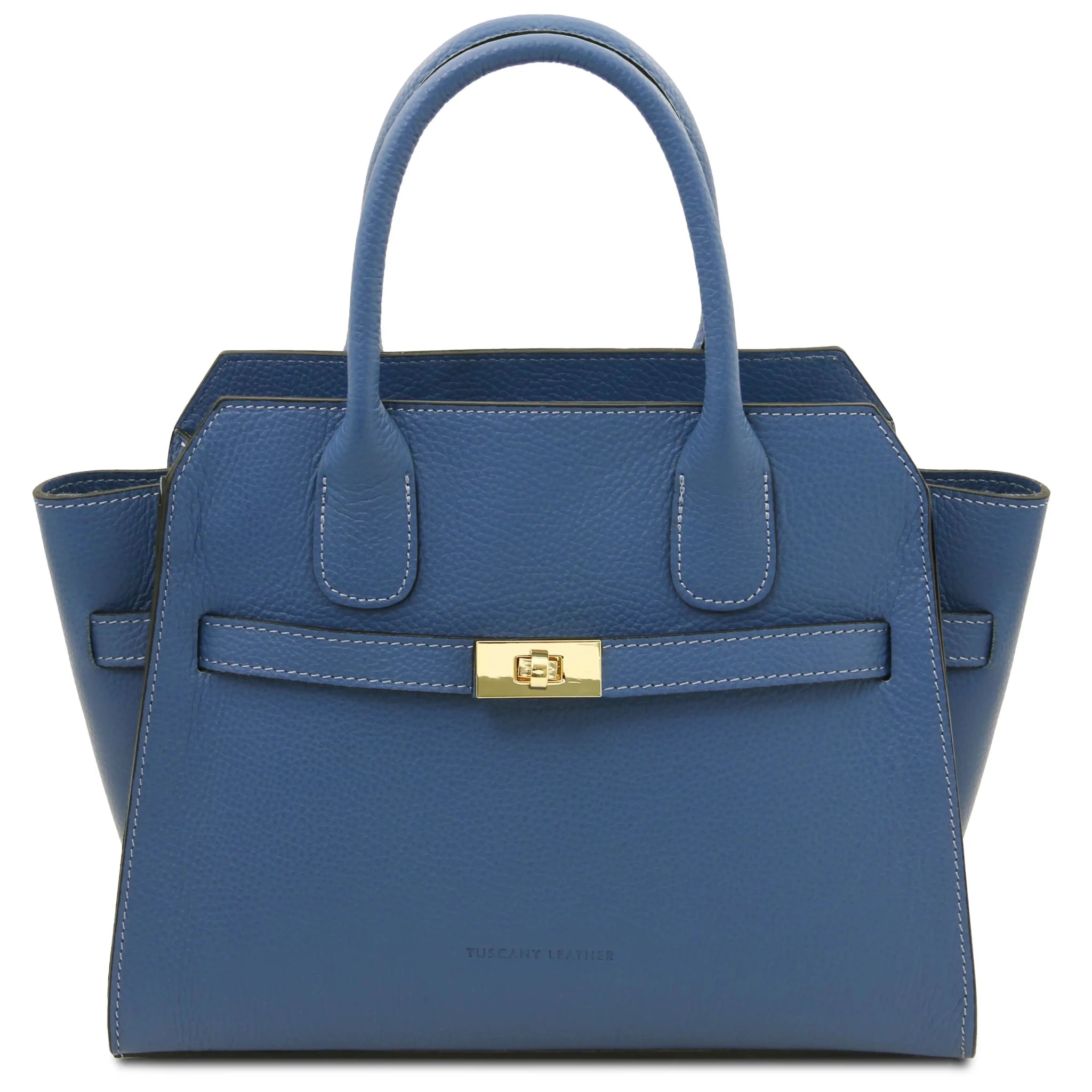 Blue handbag with a gold clasp on a white background