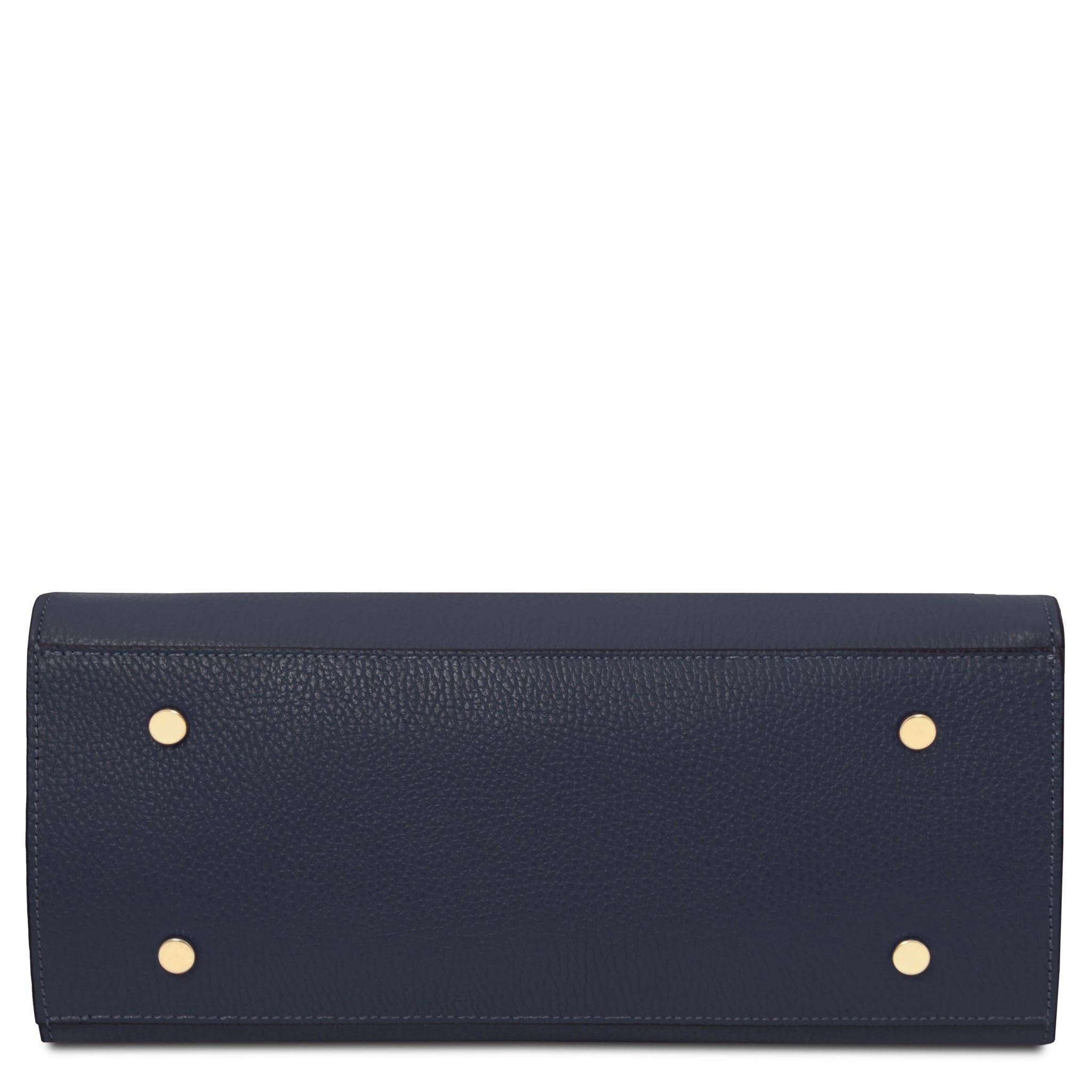 Bottom view Origami Italian Pebbled Leather Tote in dark blue with four protective feet