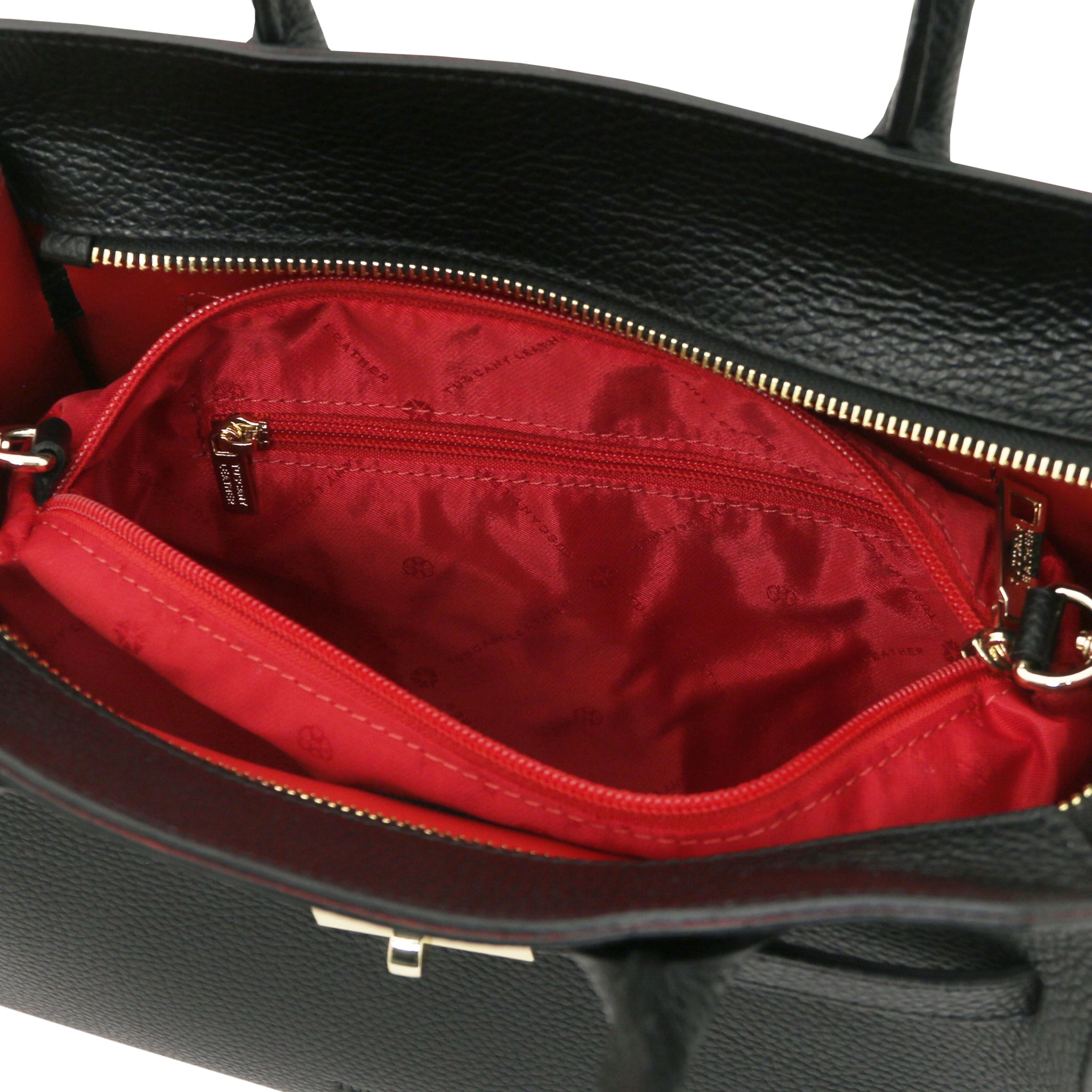 Interior open pocket view Origami Italian Pebbled Leather Tote in black with red lining