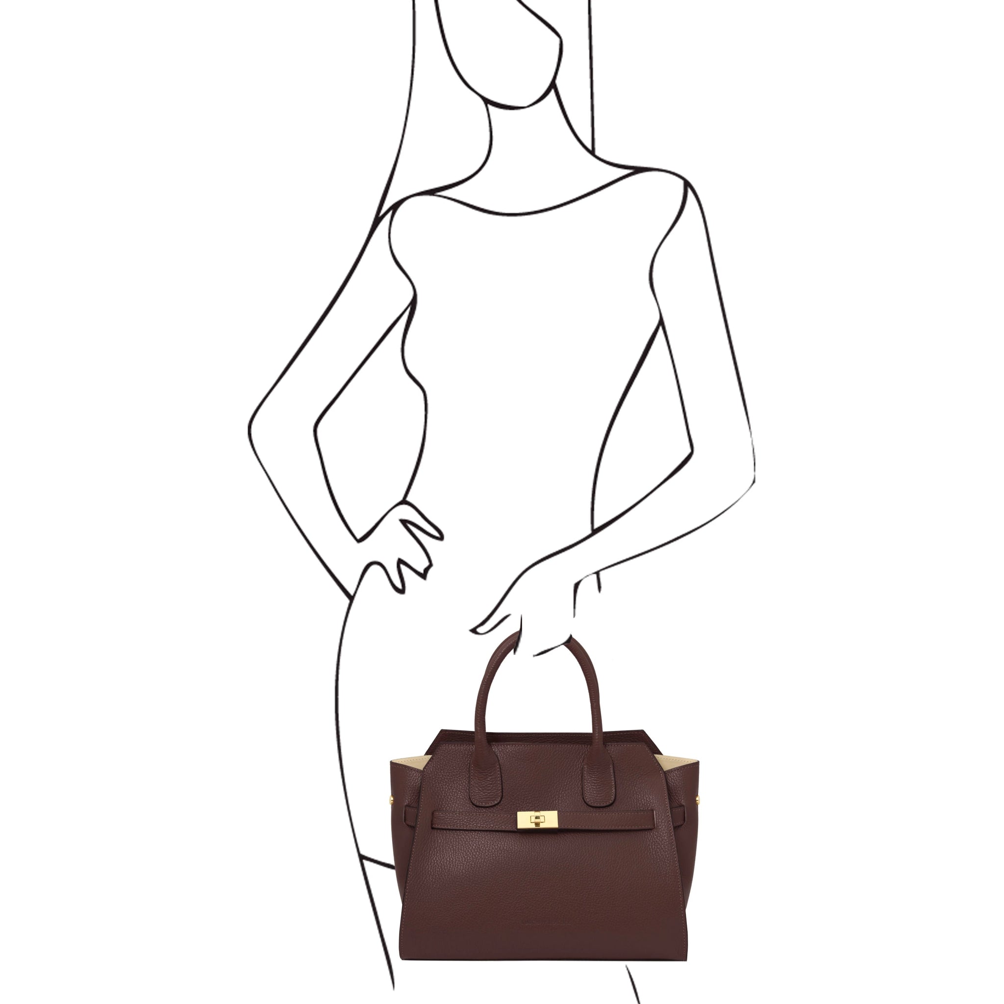 Black sketch of woman holding Origami Italian Pebbled Leather Tote in coffee