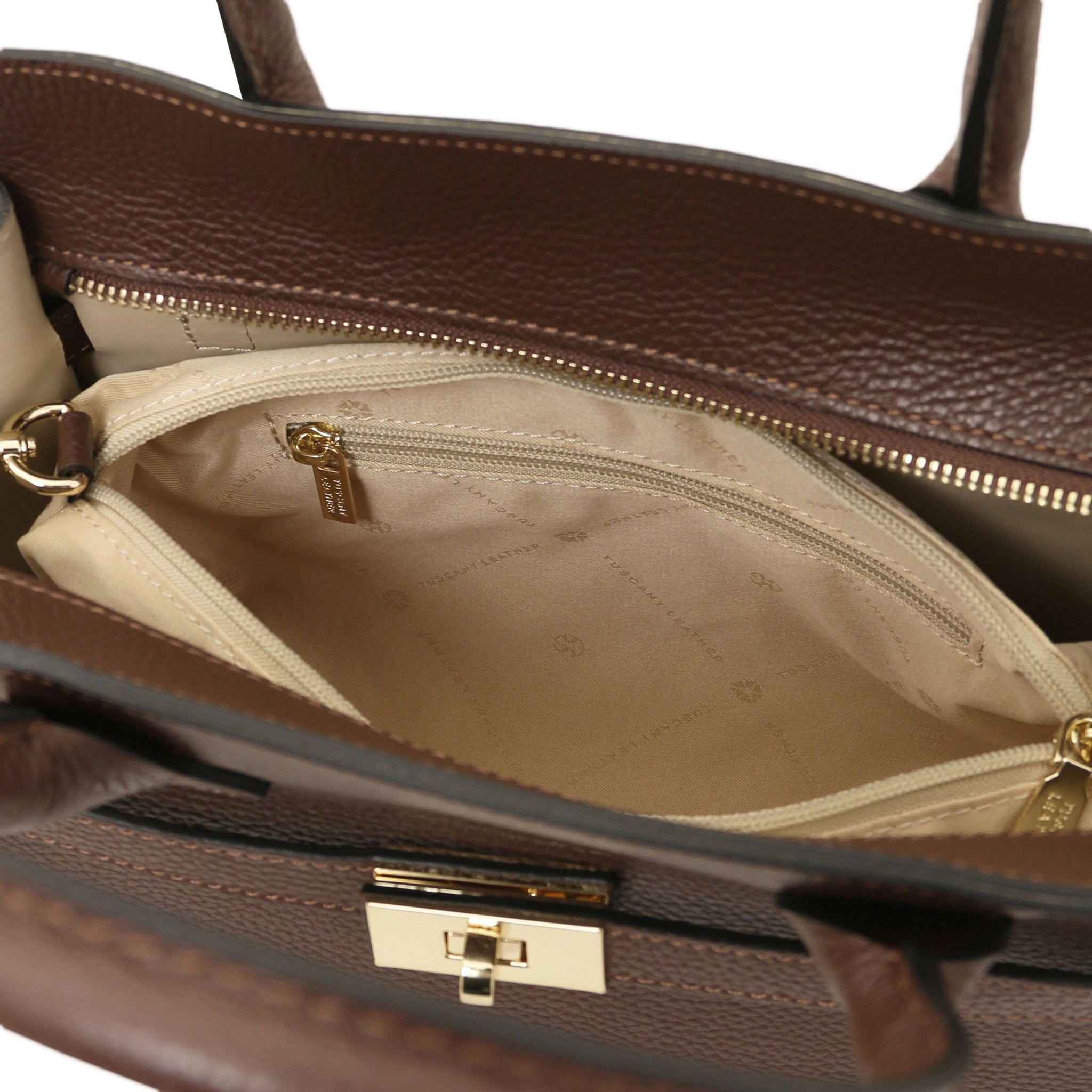 Interior zip pocket view Origami Italian Pebbled Leather Tote in coffee with beige lining