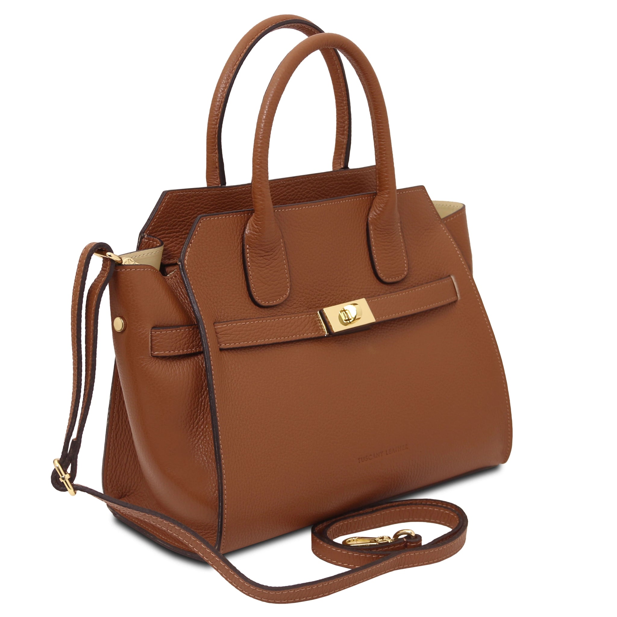 Front side view Origami Italian Pebbled Leather Tote in cognac with shoulder strap