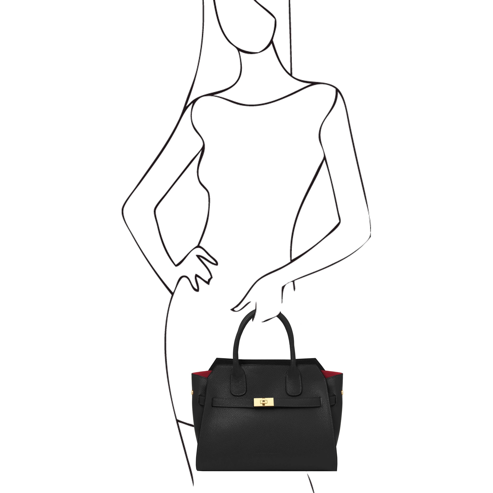 Black sketch of woman holding the Origami Italian Pebbled Leather Tote in black
