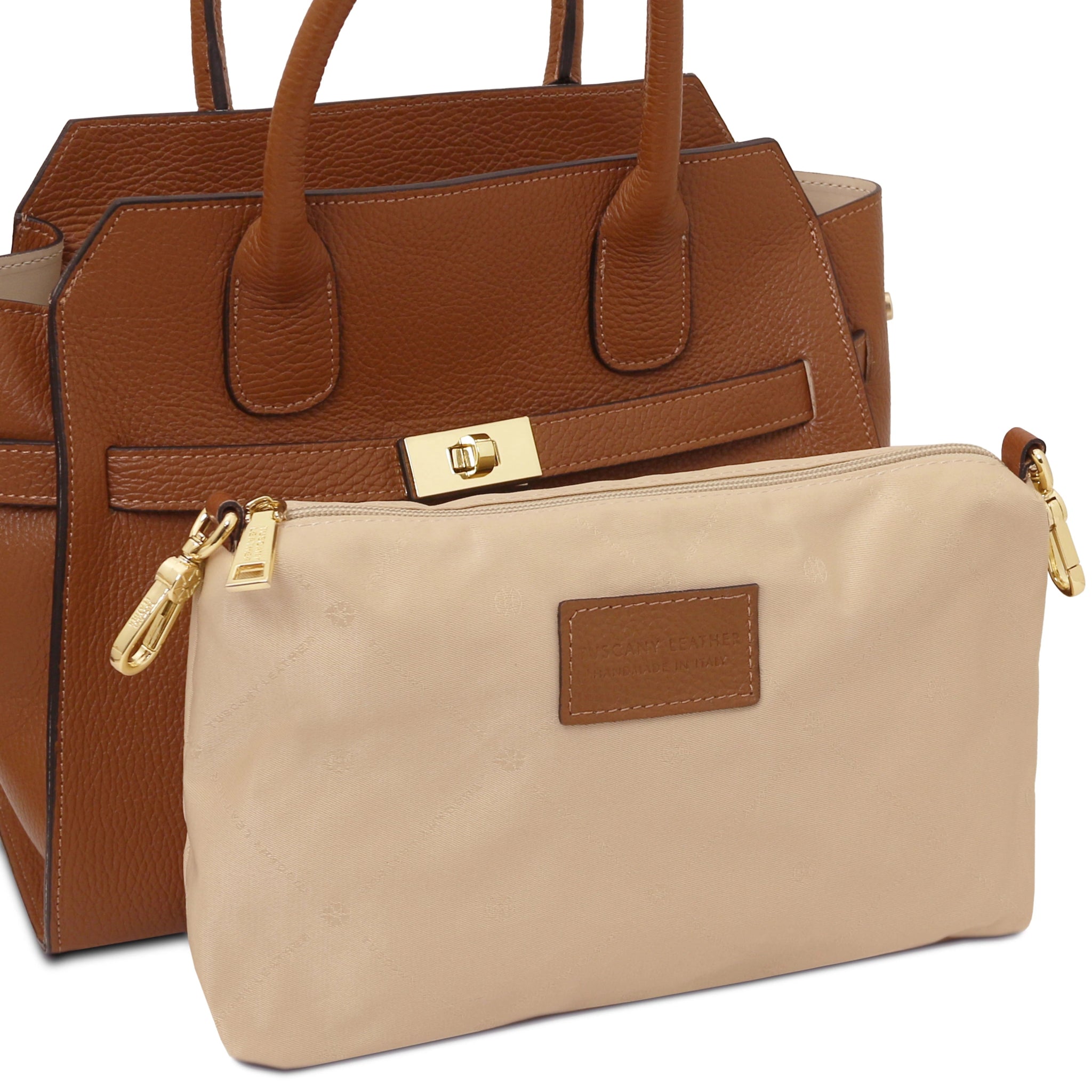 Removable beige inner compartment view Origami Italian Pebbled Leather Tote in cognac