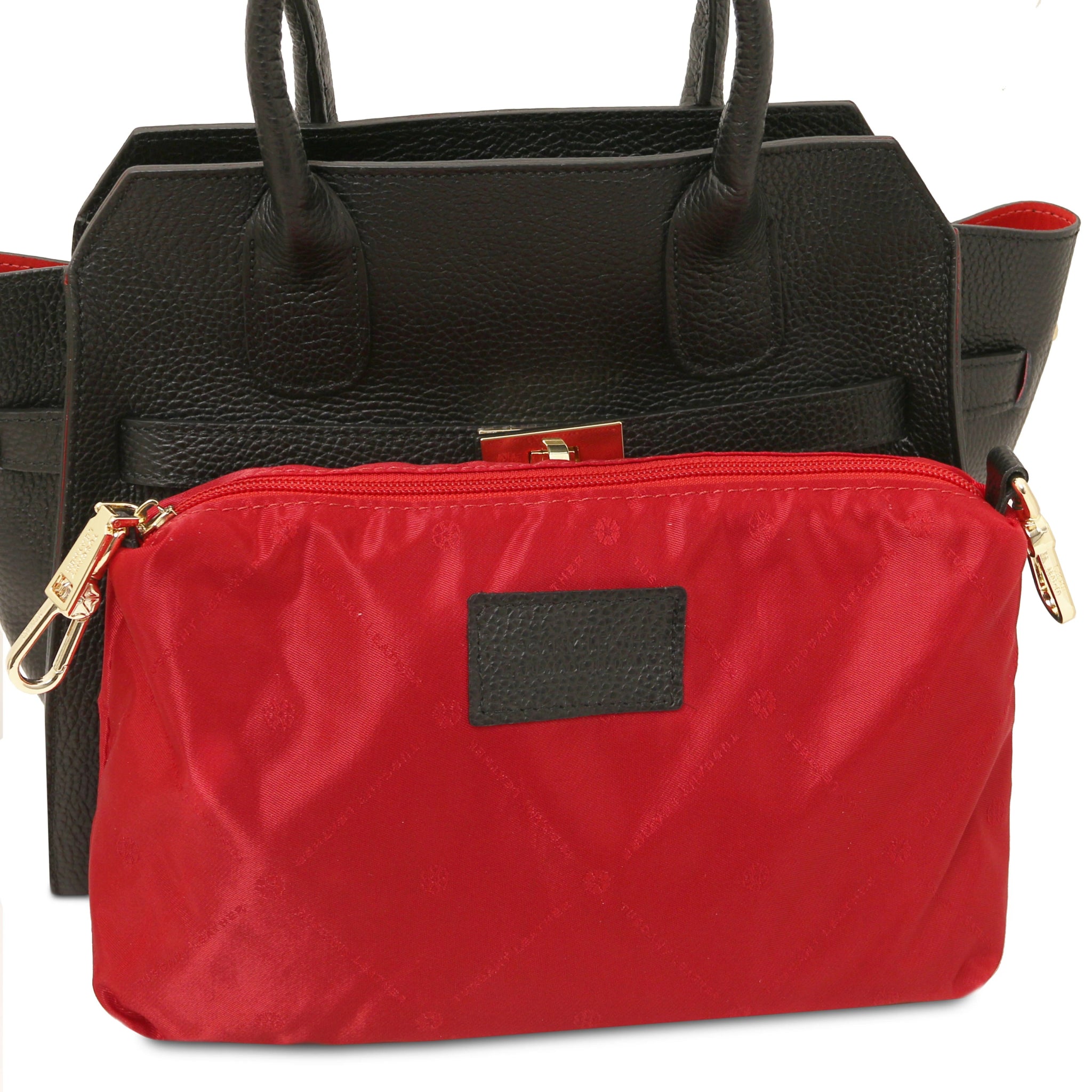 Removable red inner compartment view Origami Italian Pebbled Leatherr Tote in black