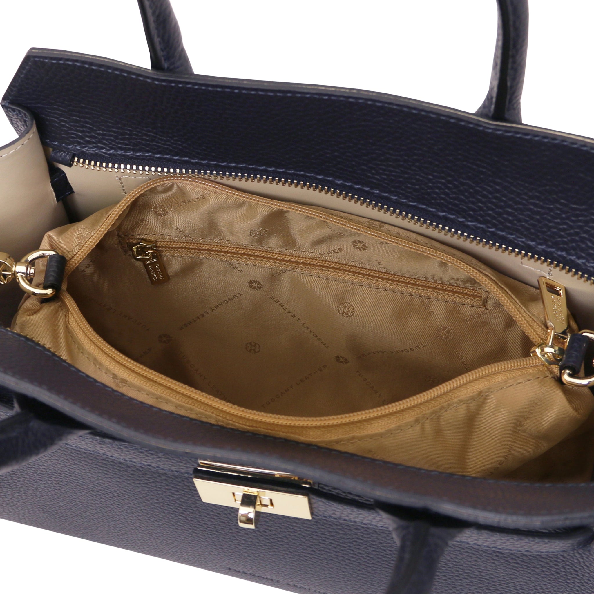 Interior zip pocket view Origami Italian Pebbled Leather Tote in dark blue with beige lining