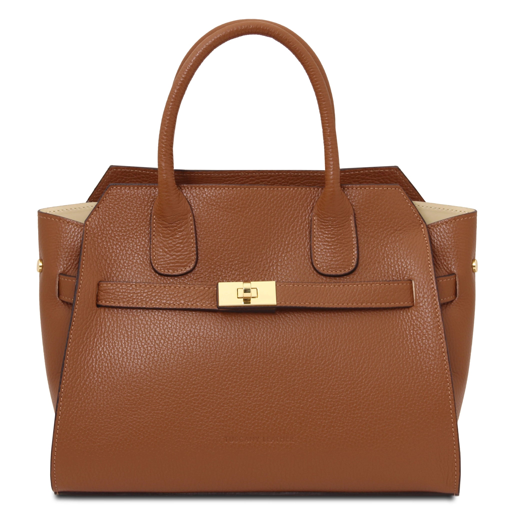 Front view Origami Italian Pebbled Leather Tote in cognac