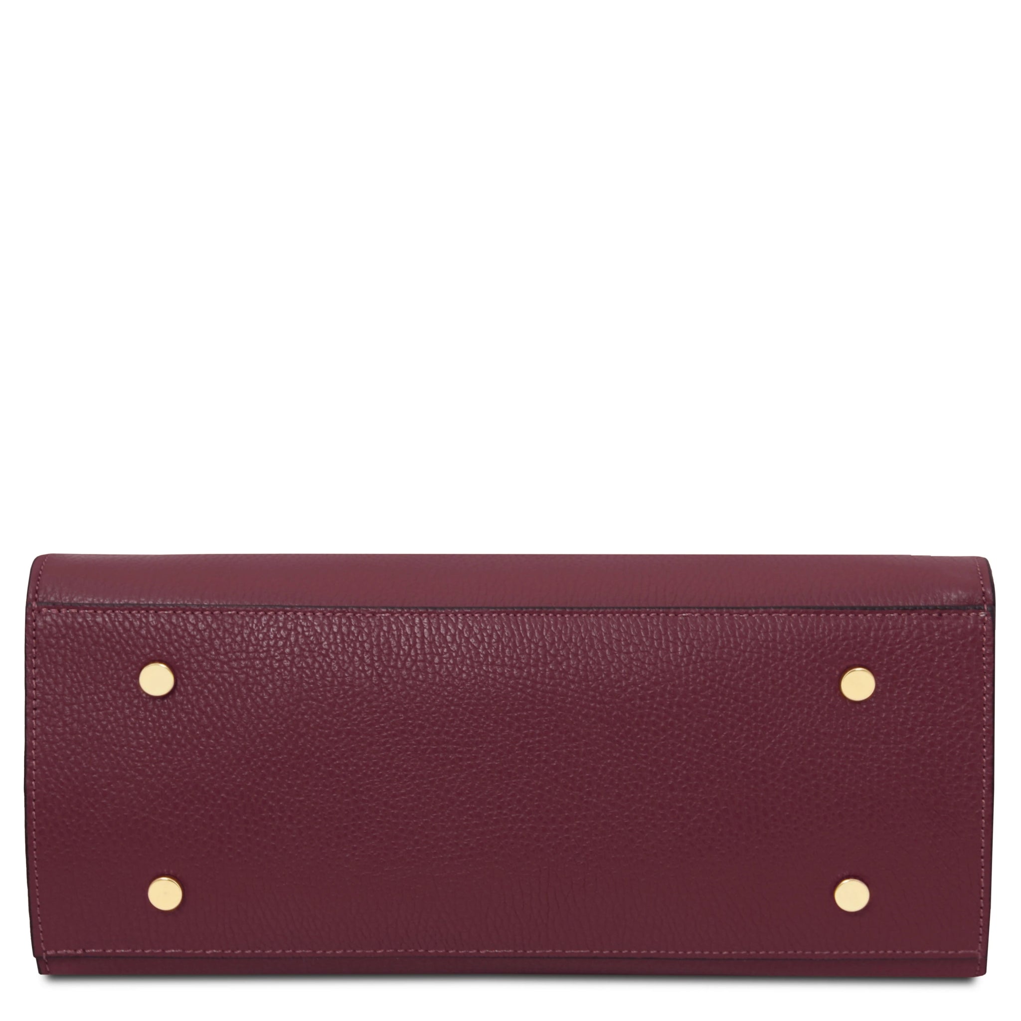 Bottom view Origami Italian Pebbled Leather Tote in bordeaux with four protective feet