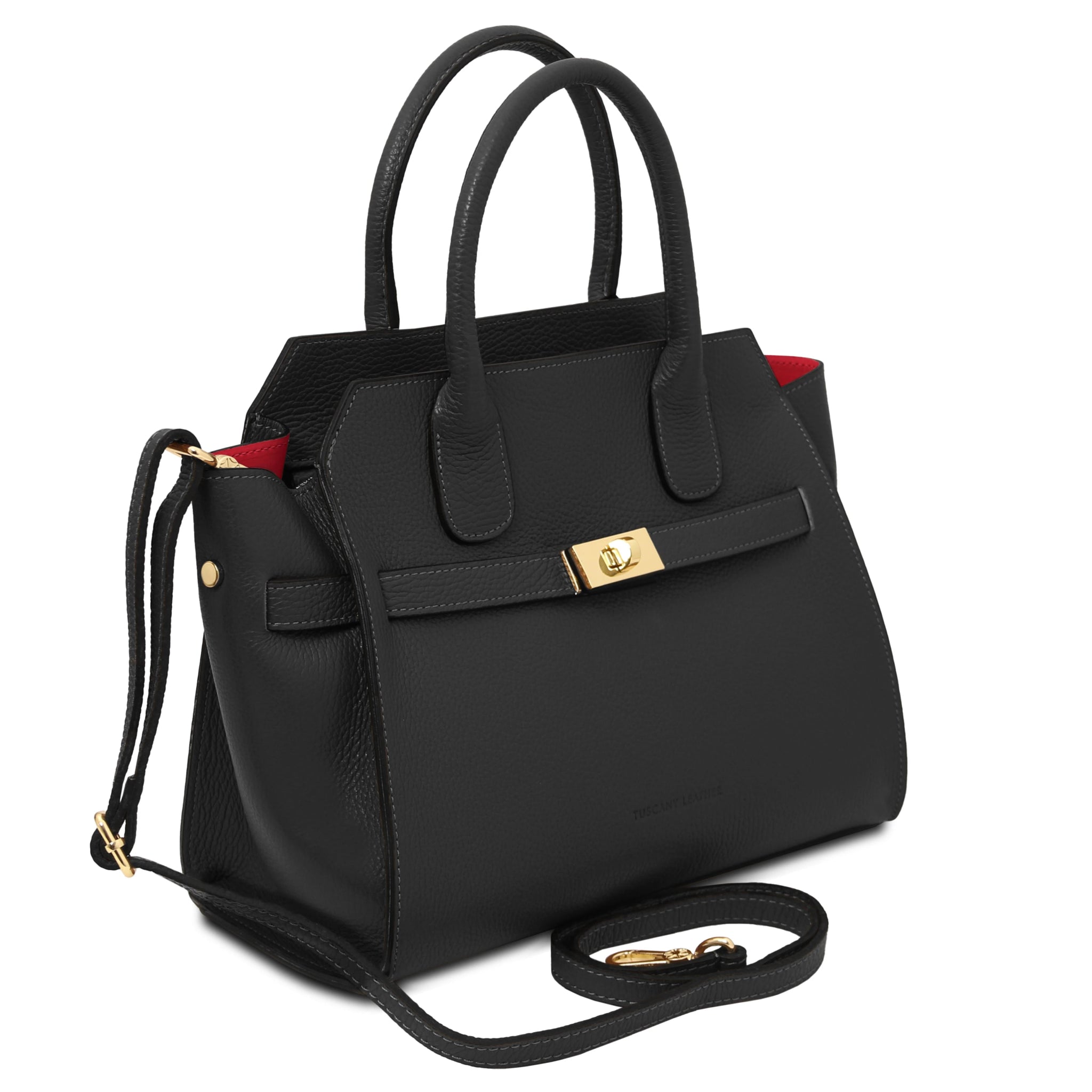 Front side view Origami Italian Pebbled Leather Tote in black with shoulder strap