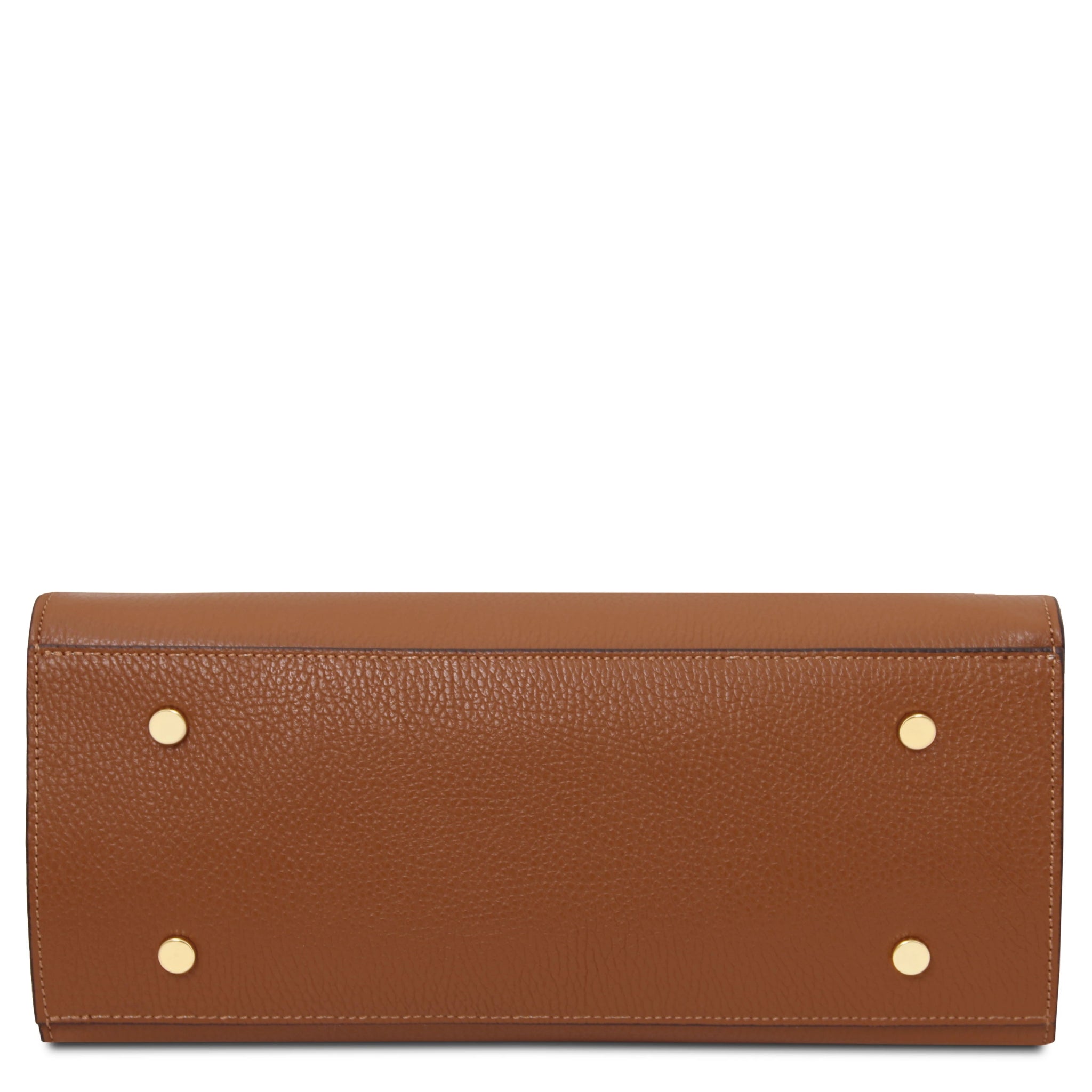 Bottom view Origami Italian Pebbled Leather Tote in cognac with four protective feet
