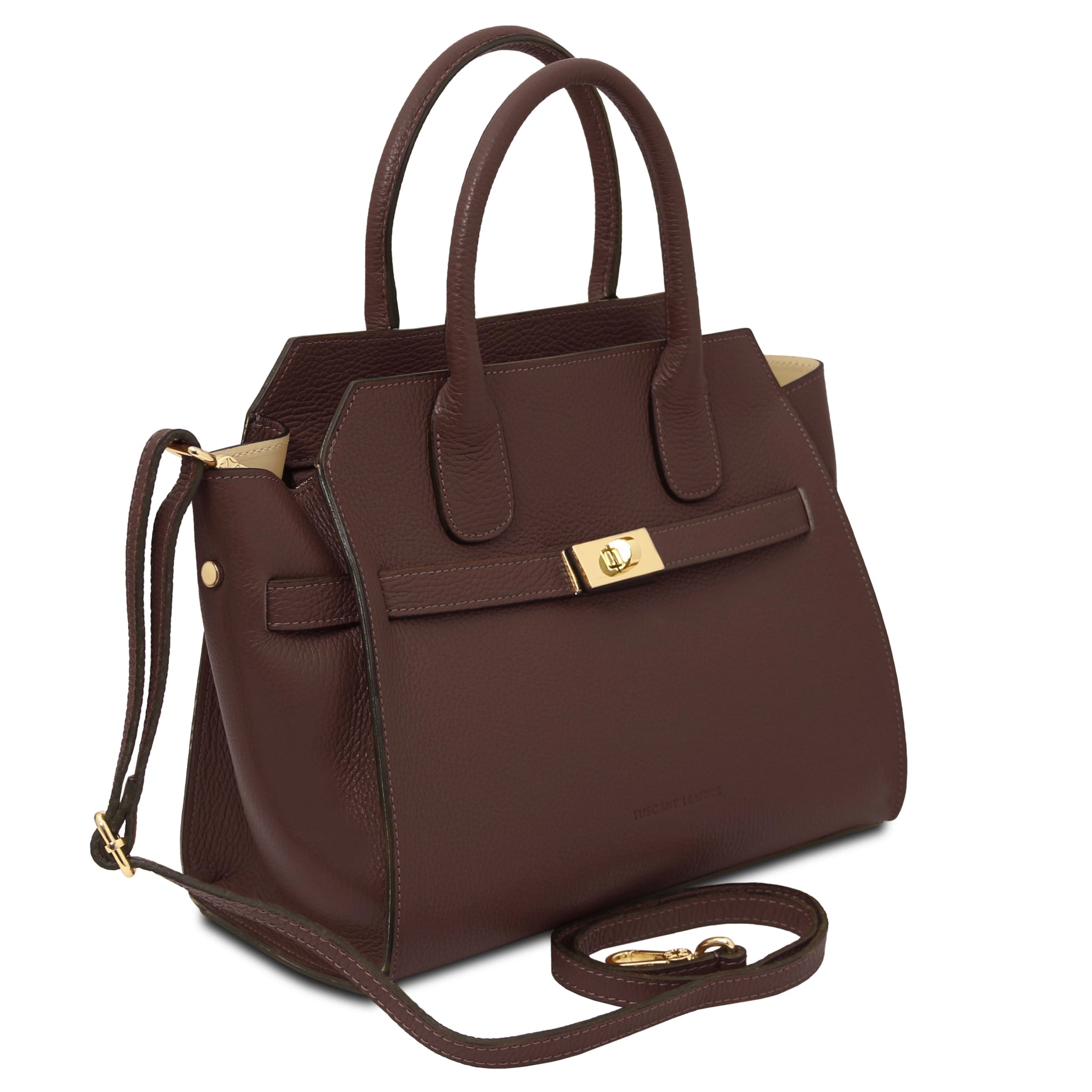 Front view Origami Italian Pebbled Leather Tote in coffee with shoulder strap
