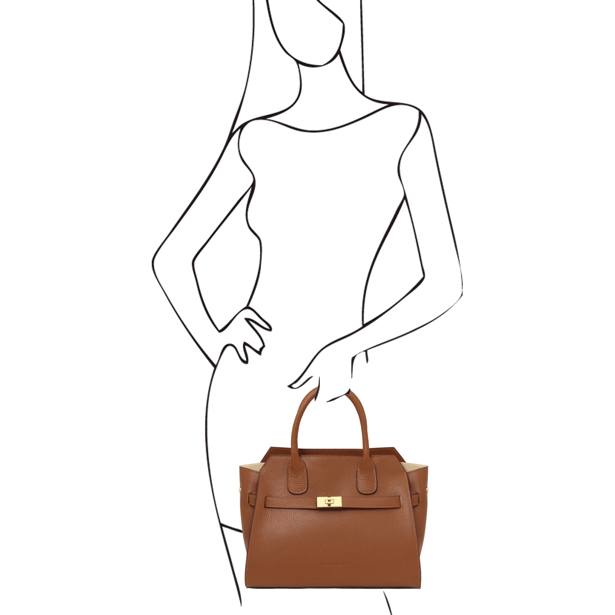Black sketch of woman holding Origami Italian Pebbled Leather Tote in cognac