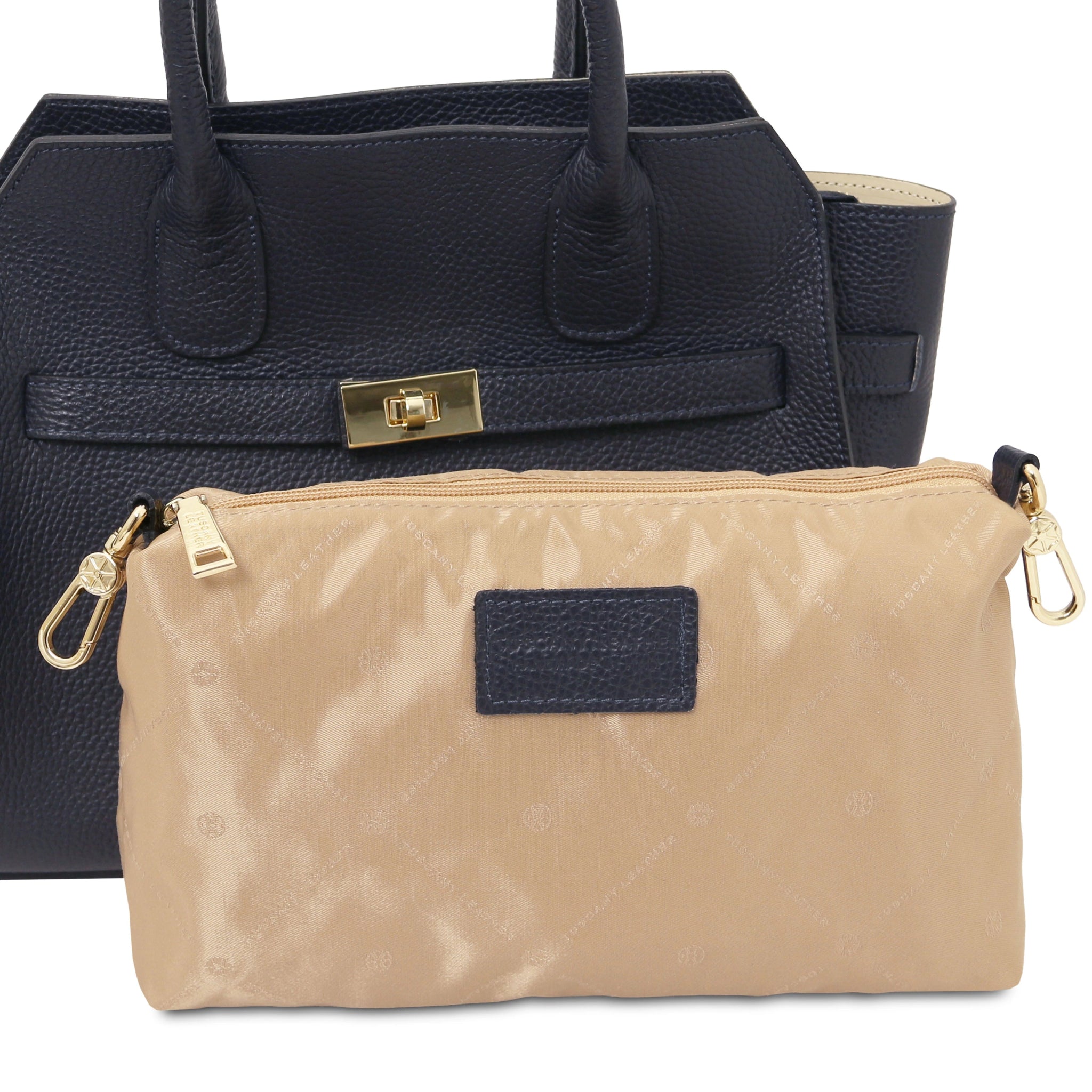 Removable beige inner compartment view Origami Italian Pebbled Leather Tote in dark blue