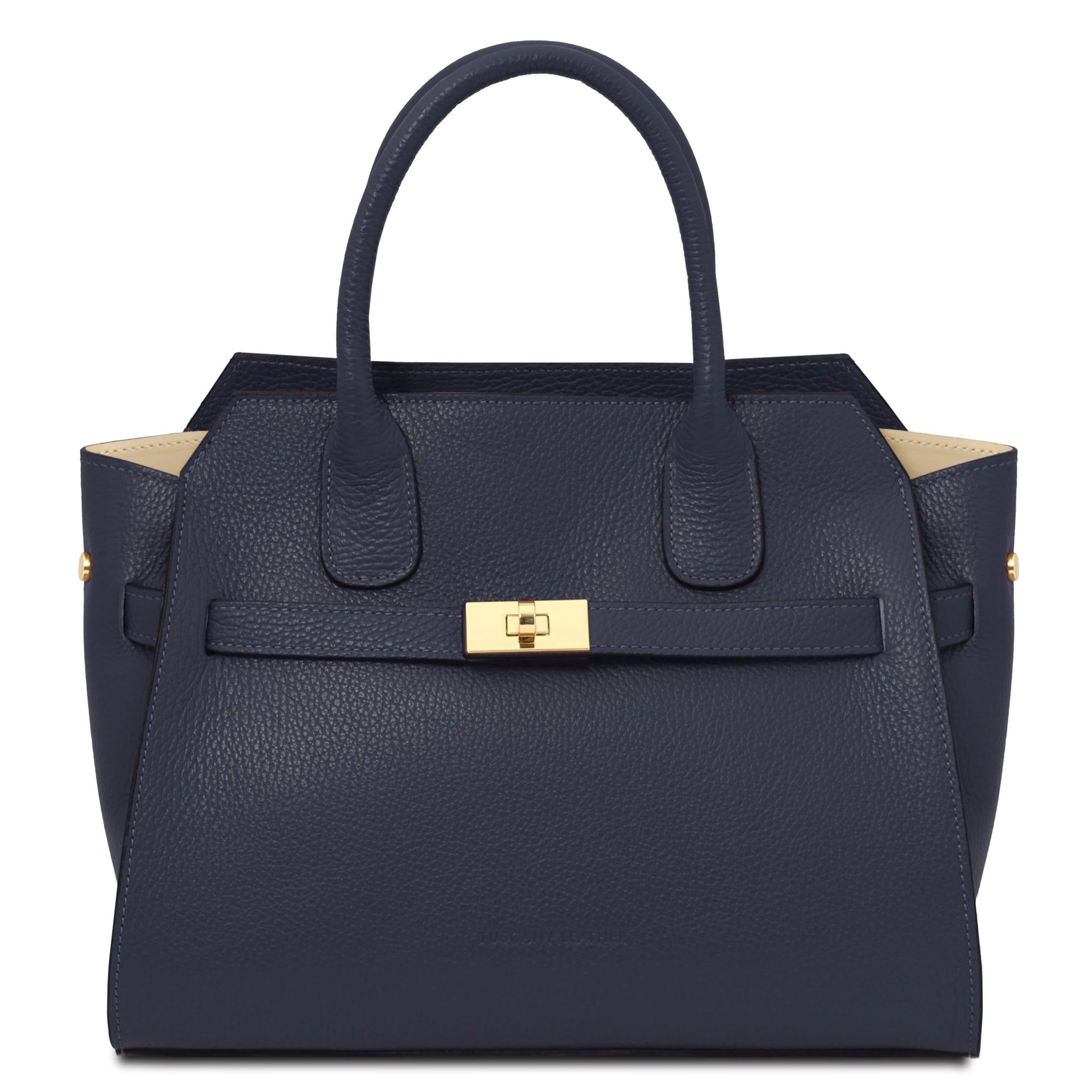 Front view Origami Italian Pebbled Leather Tote in dark blue