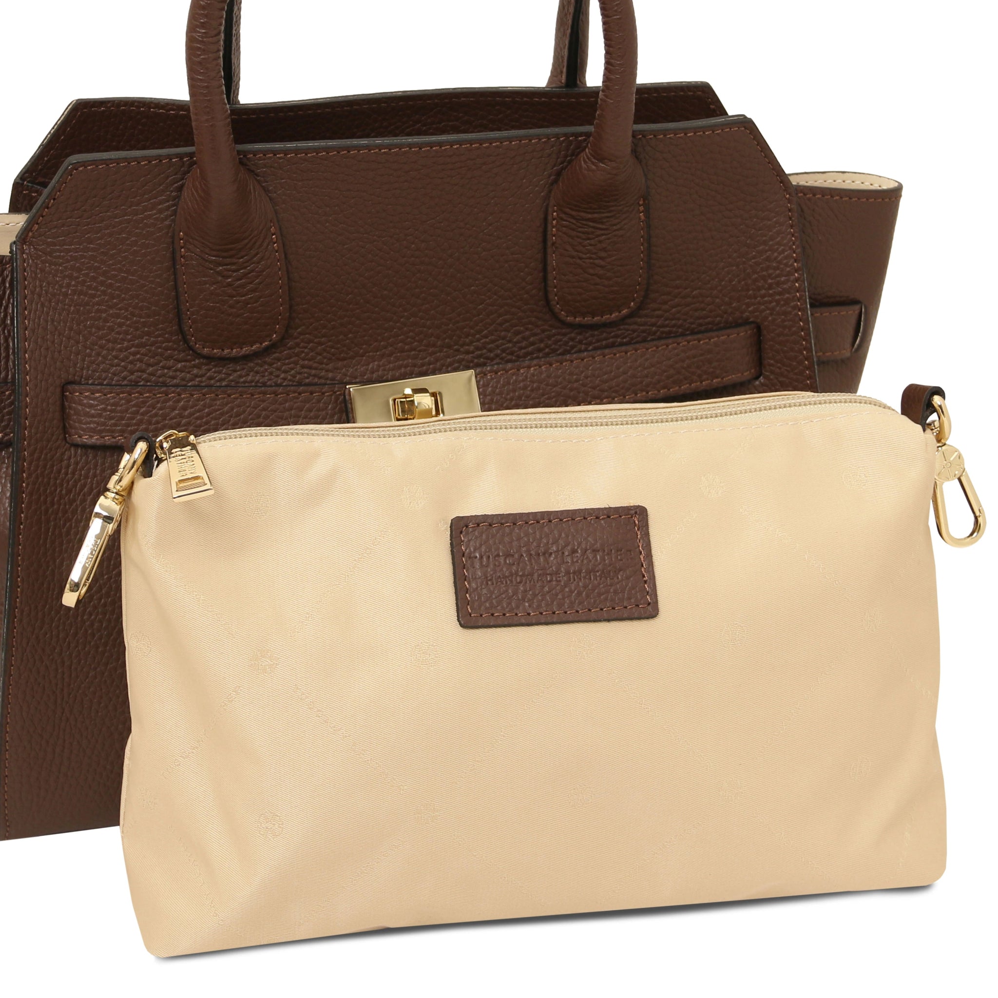 Removable beige inner compartment view Origami Italian Pebbled Leather Tote in coffee