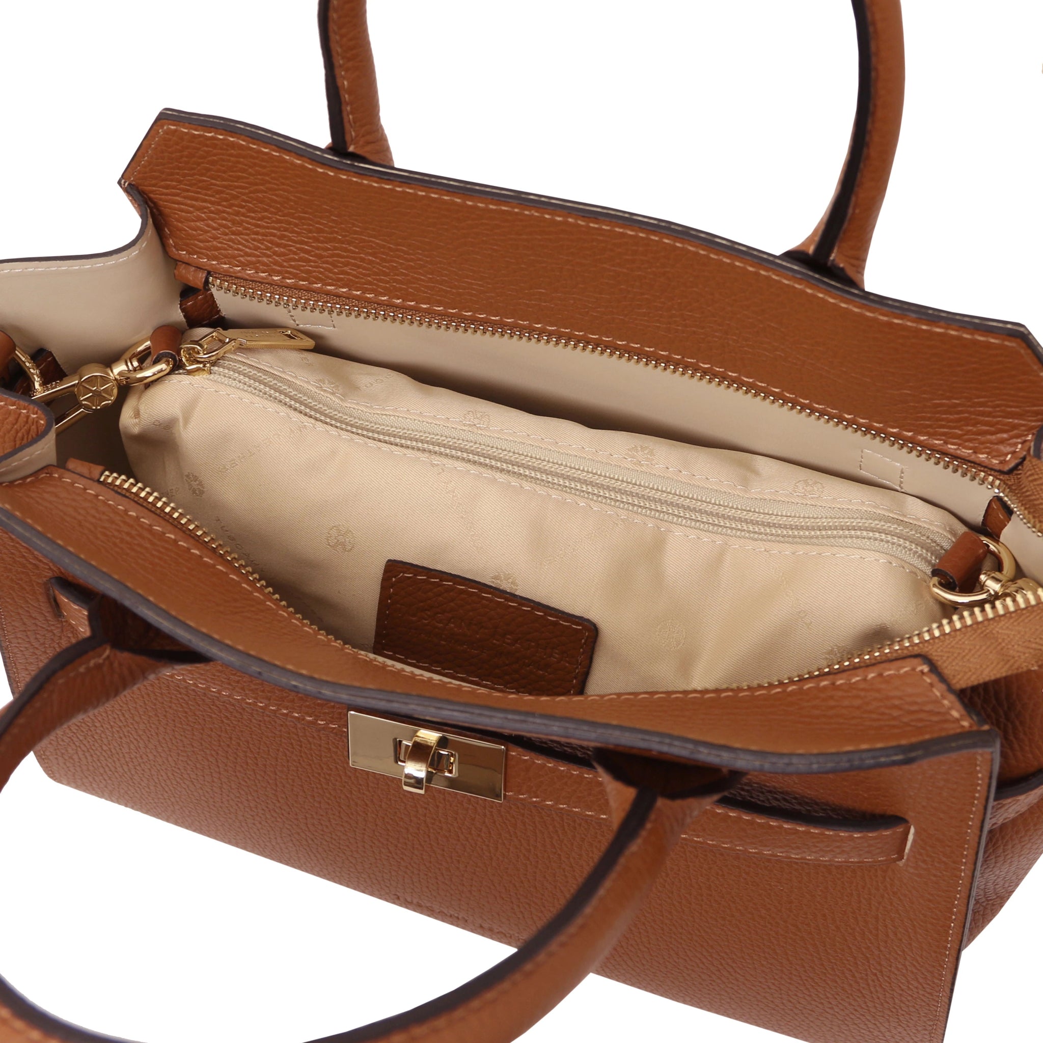 Interior compartment view Origami Italian Pebbled Leather Tote in cognac with beige lining