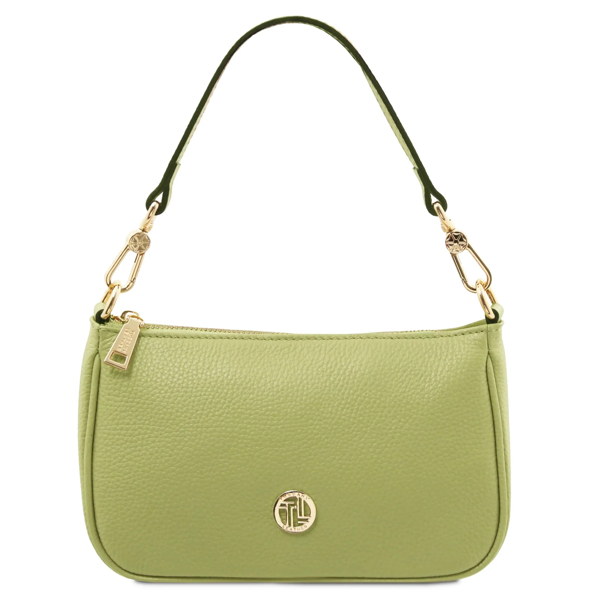 Front view Parfait Leather Clutch in lime green with handle on white background