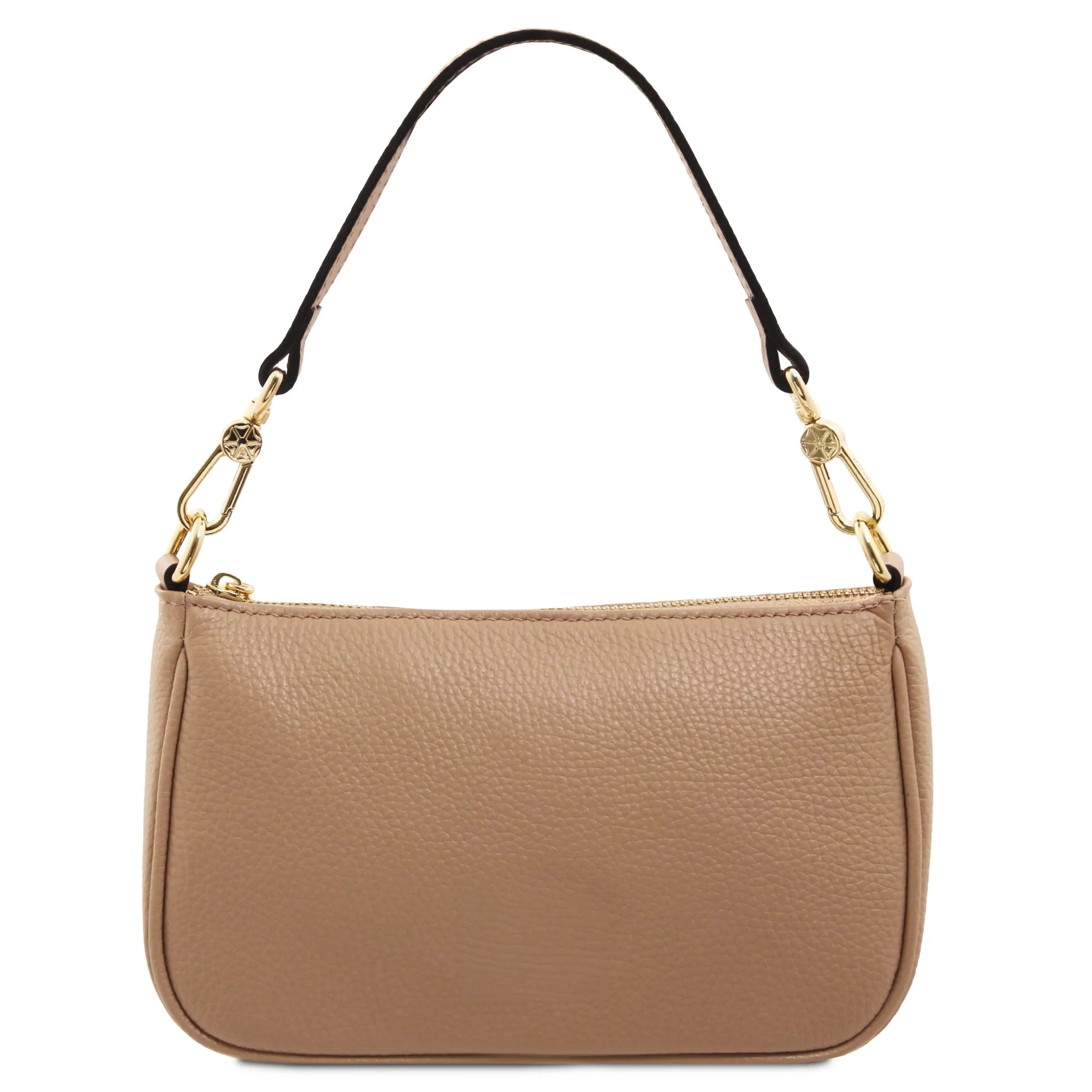 Back view Parfait Italian Leather Clutch in caramel with handle on white background