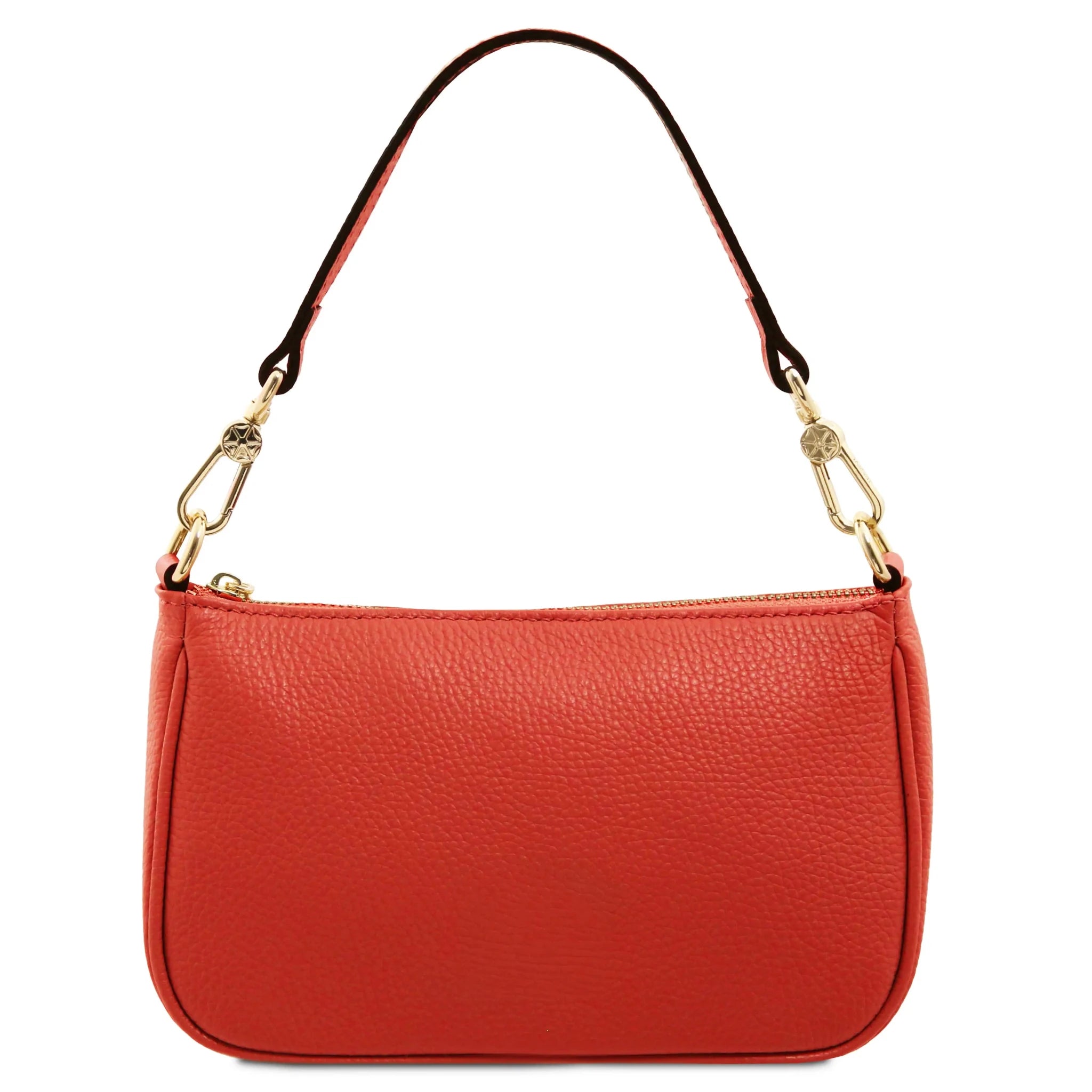 Back view Parfait Italian Leather Clutch in coral with handle on white background