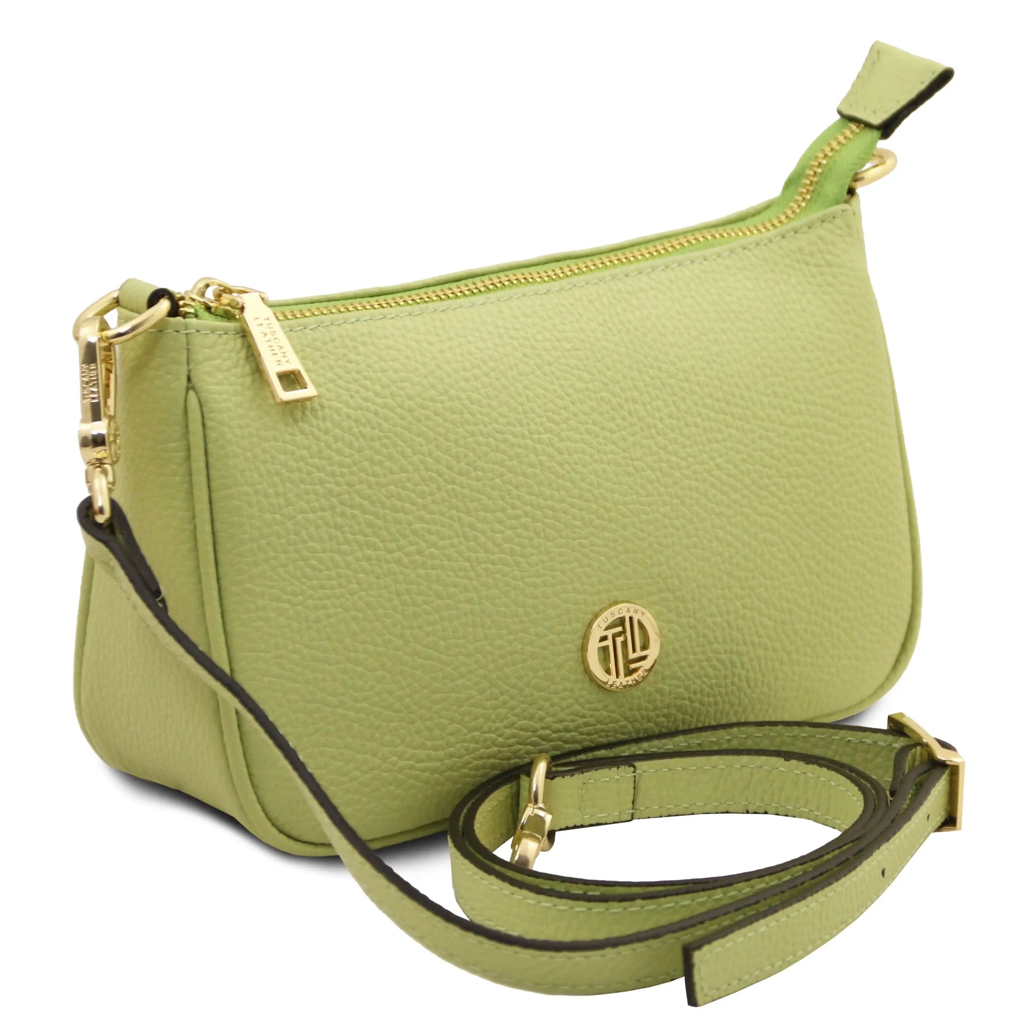 Front angled view Parfait Leather Clutch in lime green with shoulder strap