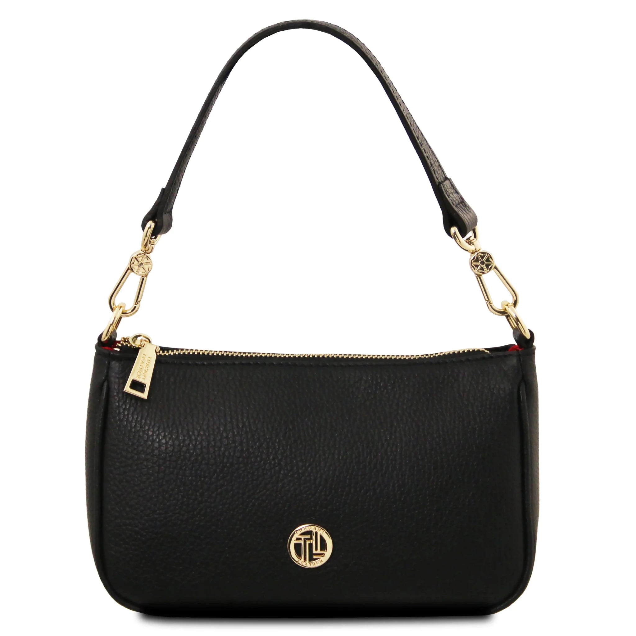 Front view Parfait Leather Clutch in black with handle on white background