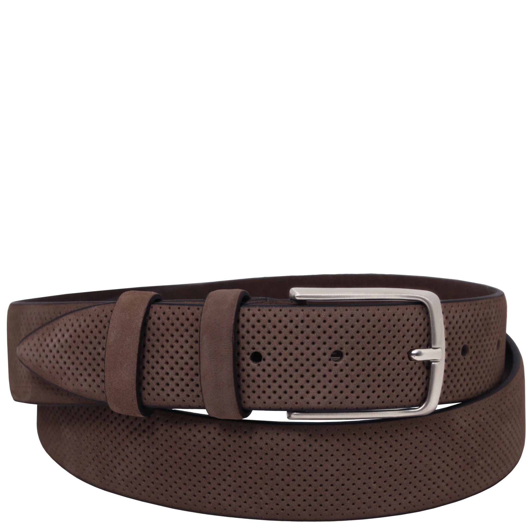 Dark Brown Nubuck Leather Belt with allover perforation accent and silver hardware on white background