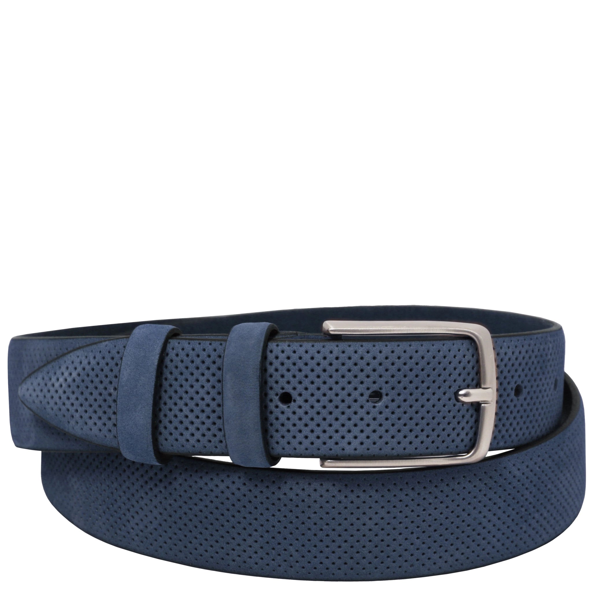 Dark Blue Nubuck Leather Belt with allover perforation accent and silver hardware on white background
