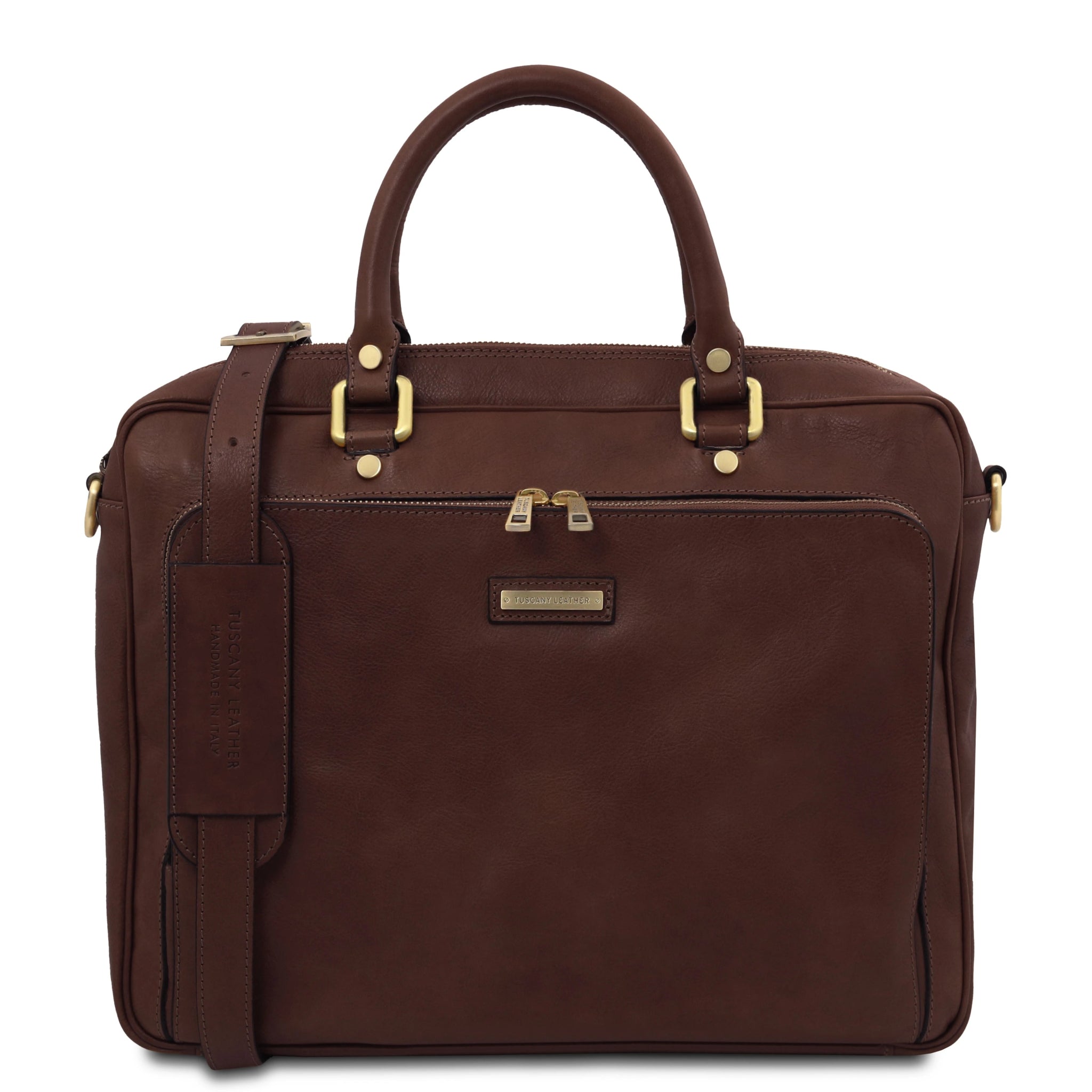 Pisa Italian Matte Leather Laptop Briefcase with Front Pocket - Dark Brown - shop_name#