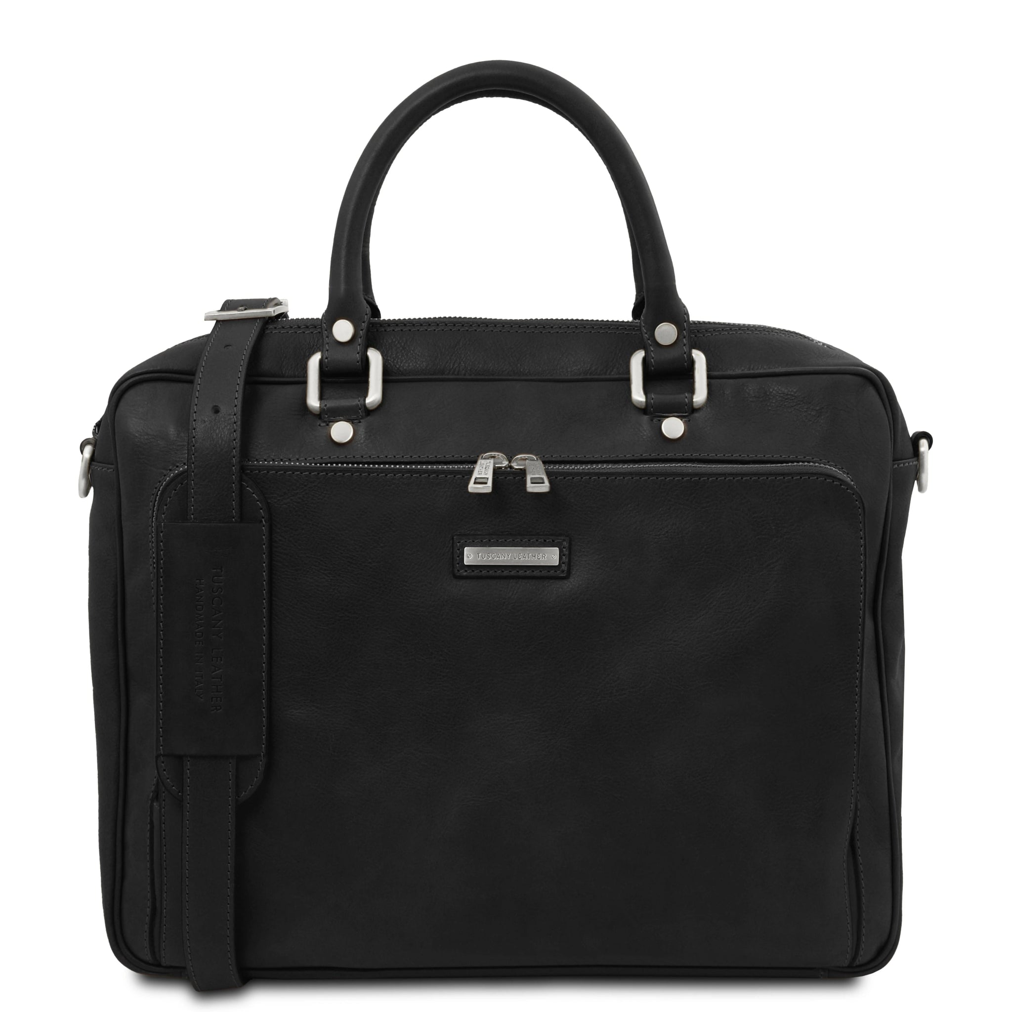 Pisa Italian Matte Leather Laptop Briefcase with Front Pocket - Black - shop_name#