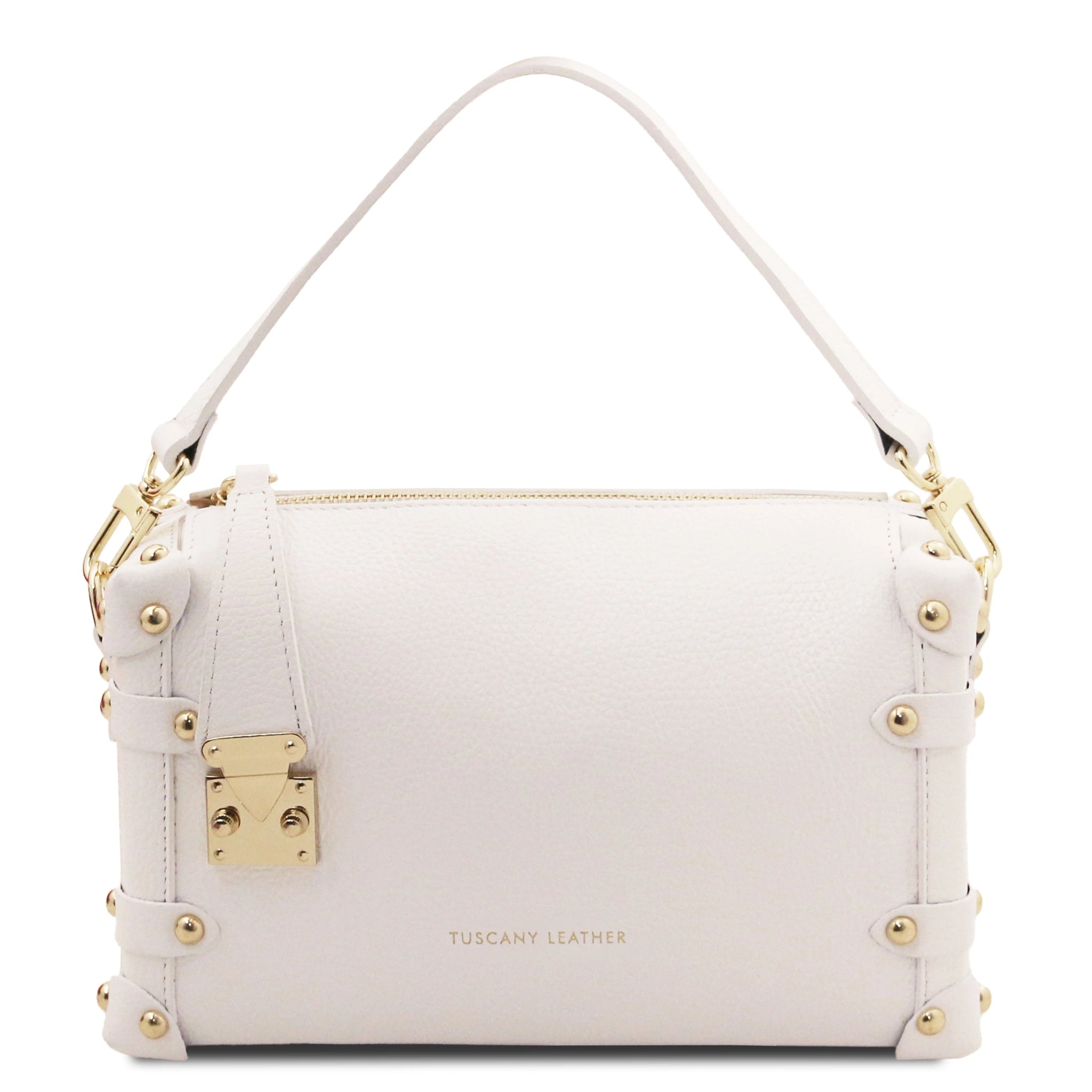 Front View Praline Italian Leather Handbag in White showing gold hardware accents and handle